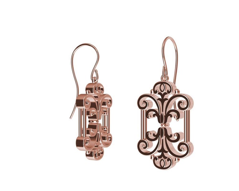 14 Karat Rose Gold French Gate Dangle Earrings ,Tiffany designer, Thomas Kurilla created these . This is a series of earrings from my travels. Inspired by the iron, bronze gates, fences,and windowgates. The lost art of decorative hand wrought metal