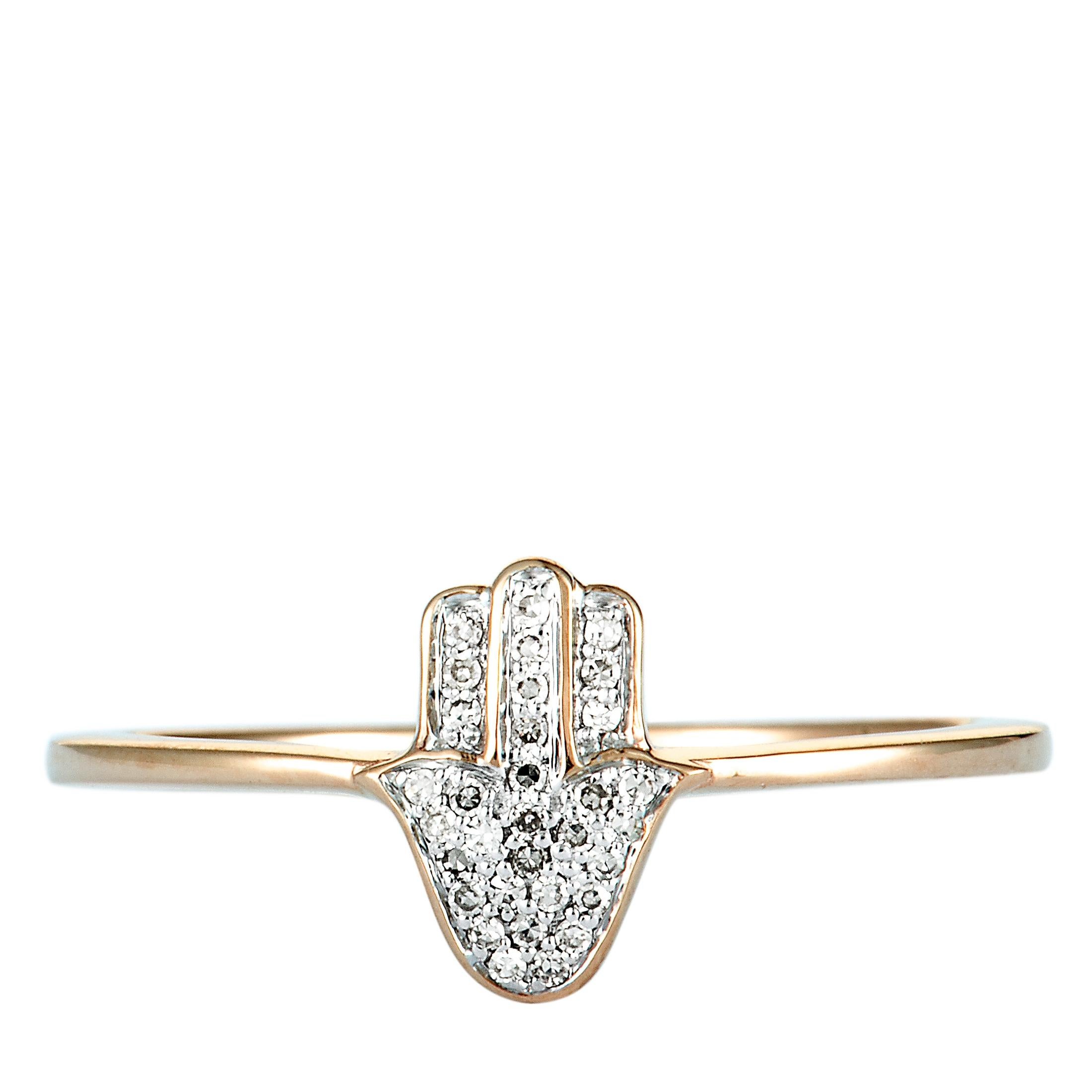 Women's 14 Karat Rose Gold Full Diamond Small Hamsa Ring For Sale