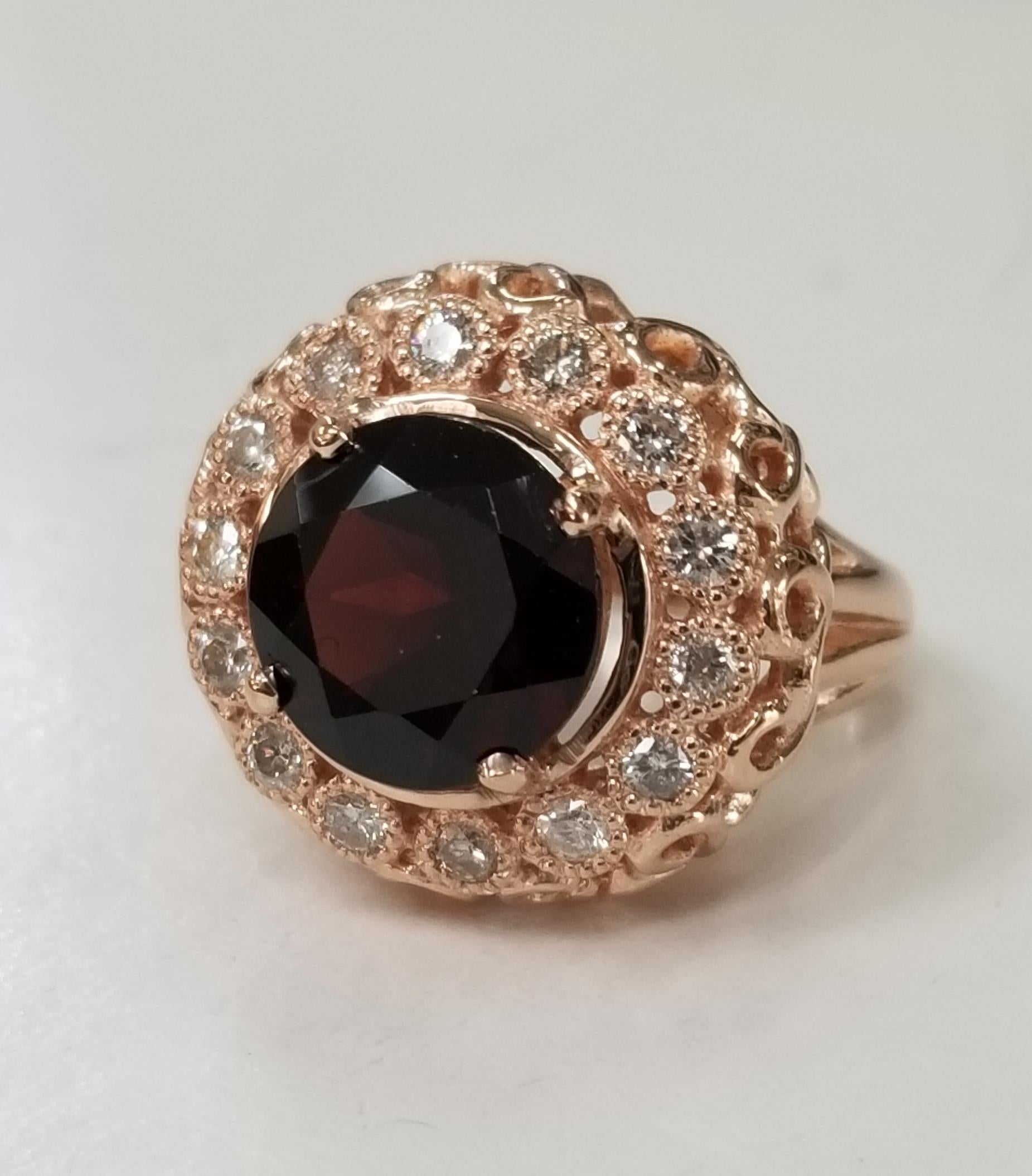 14 Karat Rose Gold Garnet and Diamond Domed Ring In New Condition For Sale In Los Angeles, CA