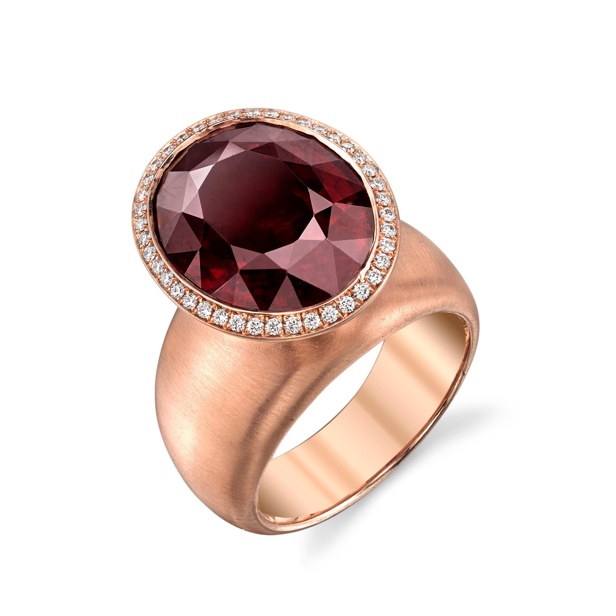 Modern 14 Karat Rose Gold Garnet Diamond Fashion Ring For Sale