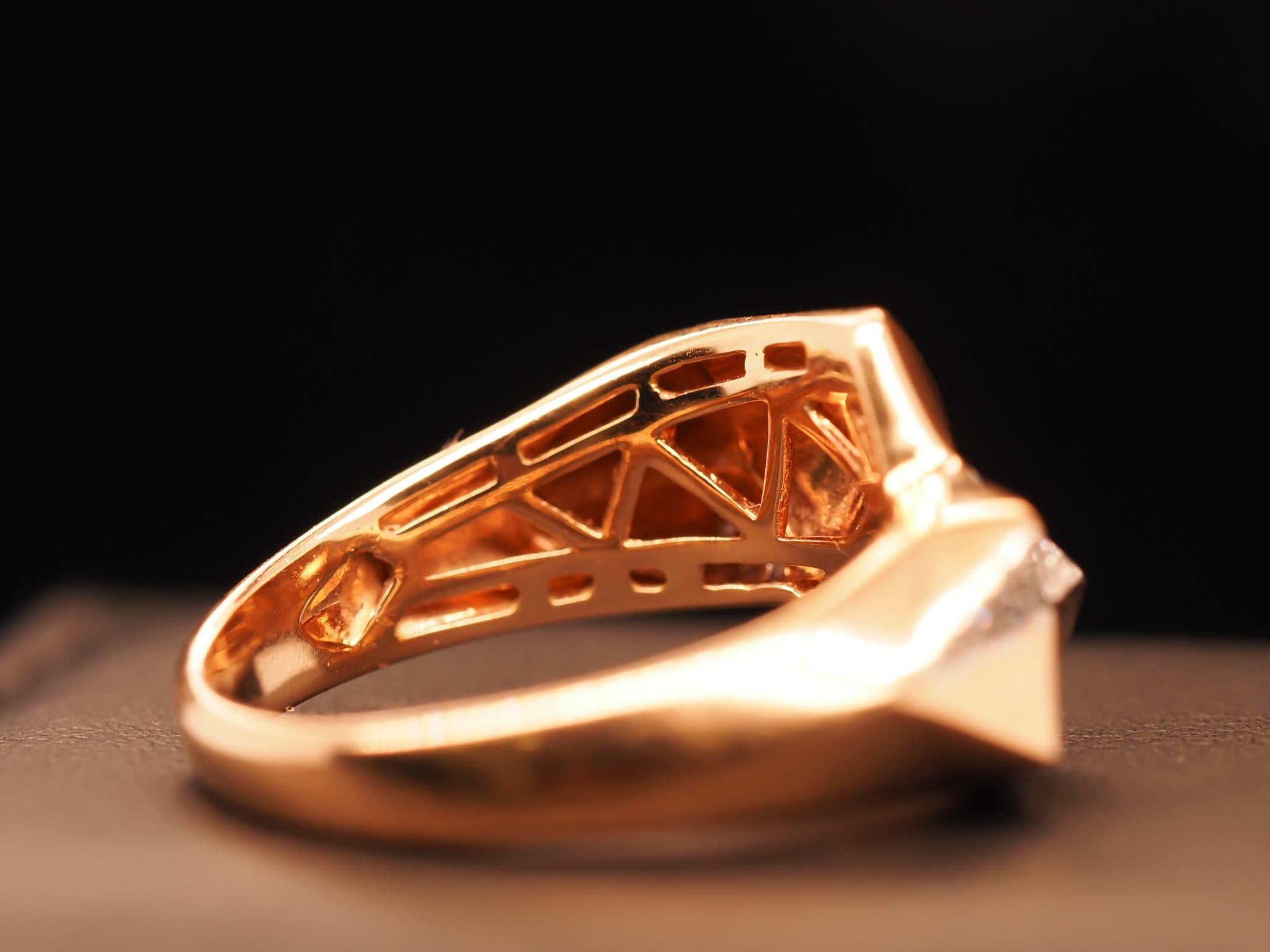 Women's or Men's 14 Karat Rose Gold Geometric Shape Round Brilliant Diamond Ring For Sale