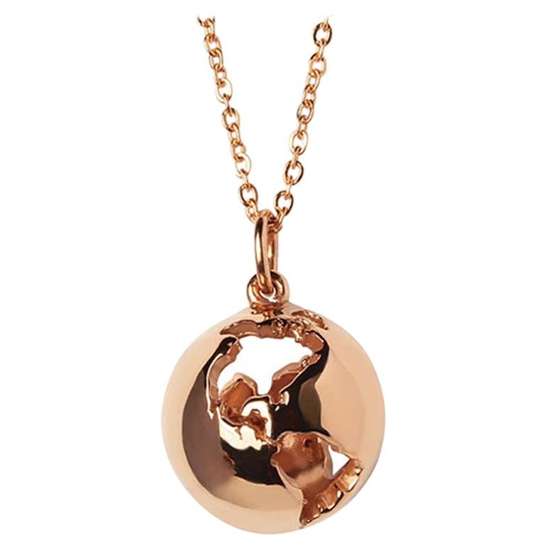 14 Karat Rose Gold Globe Map Pendant Necklace with Diamond Customization For Sale