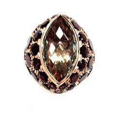 14 Karat Rose Gold Green Amethyst and Garnet Ring, Made in Italy