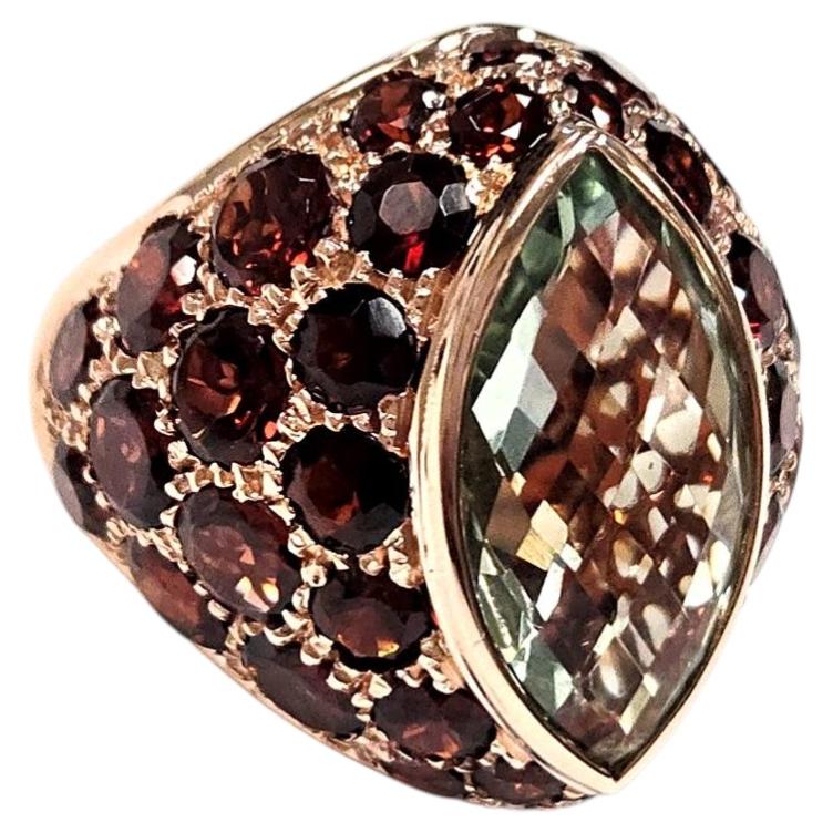 14 Karat Rose Gold Green Amethyst and Garnet Ring, Made in Italy For Sale