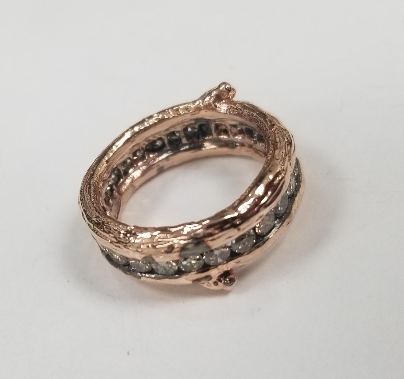 Round Cut 14 Karat Rose Gold Gresha Signature Bark and Diamond Eternity Ring For Sale