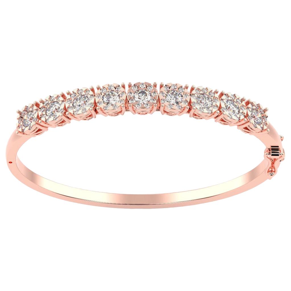 Bracelet jonc en or rose 14 carats avec halo de diamants de 3 1/4 carats