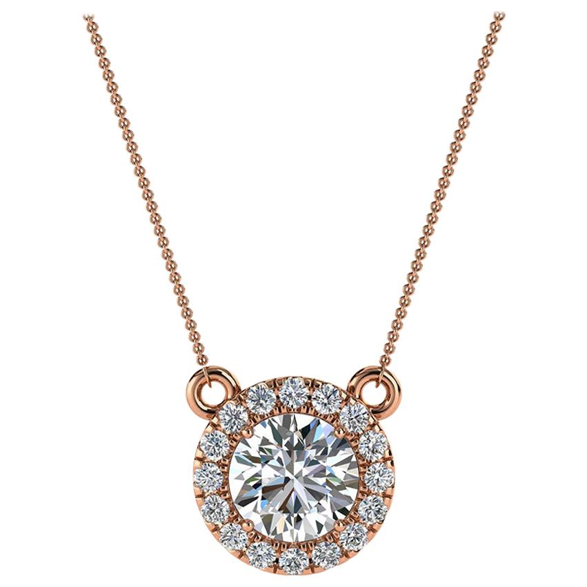 14 Karat Rose Gold Halo Diamond Pendant '3/4 Carat' For Sale