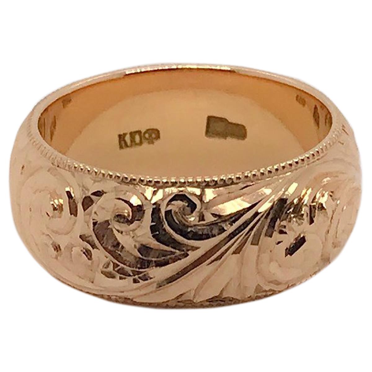 14 Karat Rose Gold Hand Engraved Russian Band Ring In Excellent Condition In QLD , AU