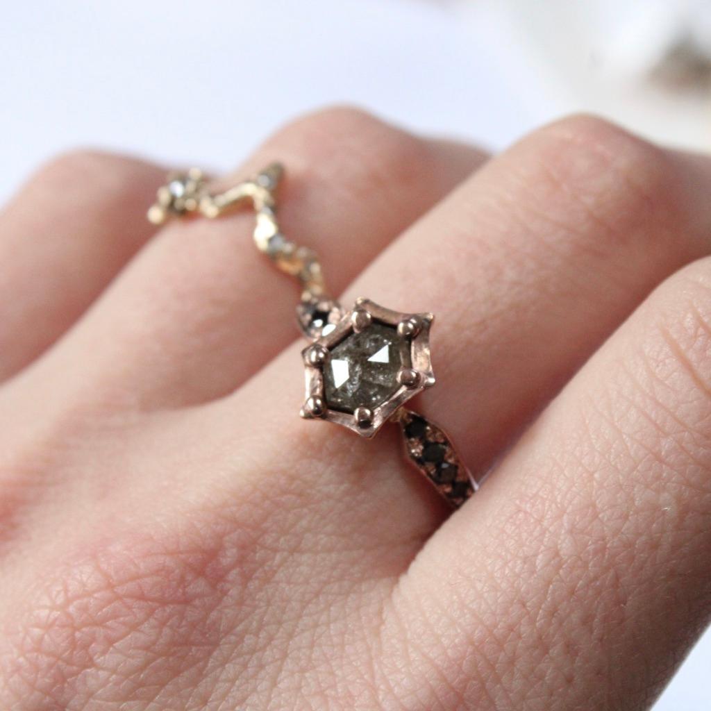 14 Karat Rose Gold Hexagon Diamond Ring In New Condition In Foxborough, MA