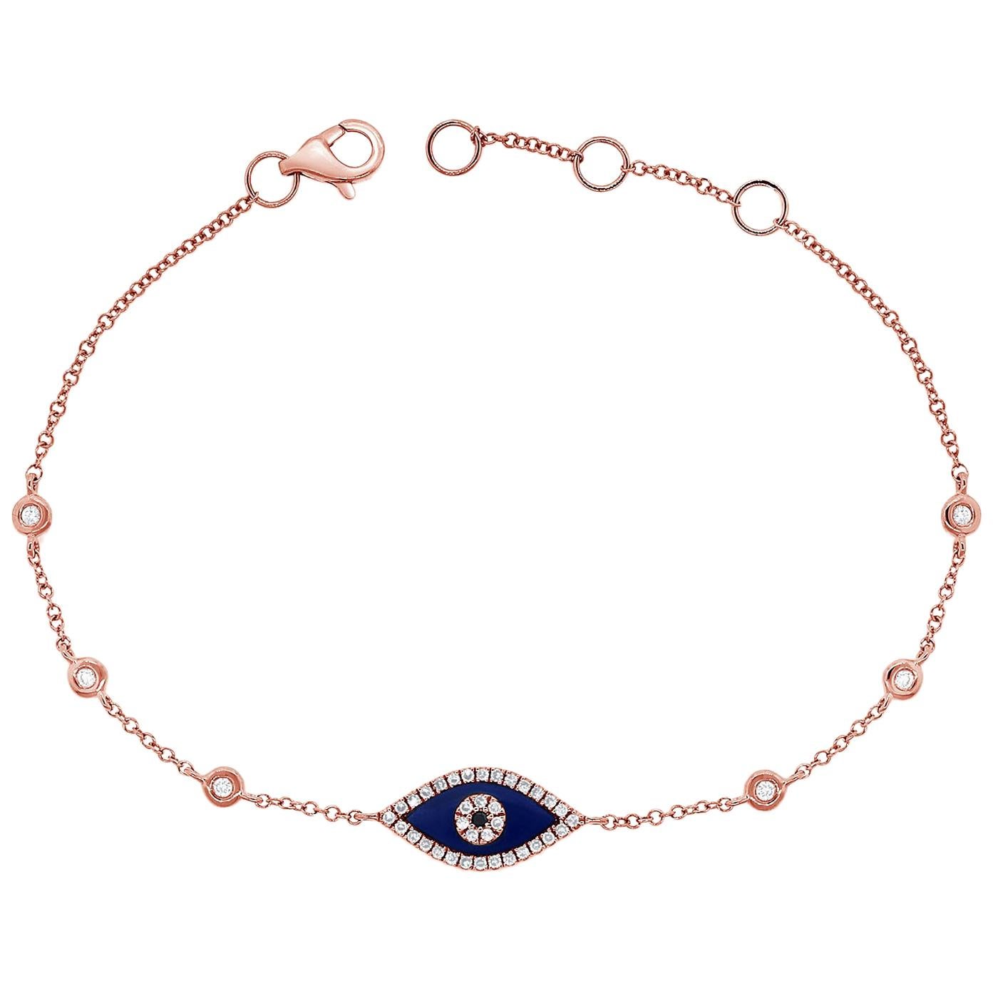 14 Karat Roségold Lapislazuli und 0,19 Karat Diamant Evil Eye Armband im Angebot