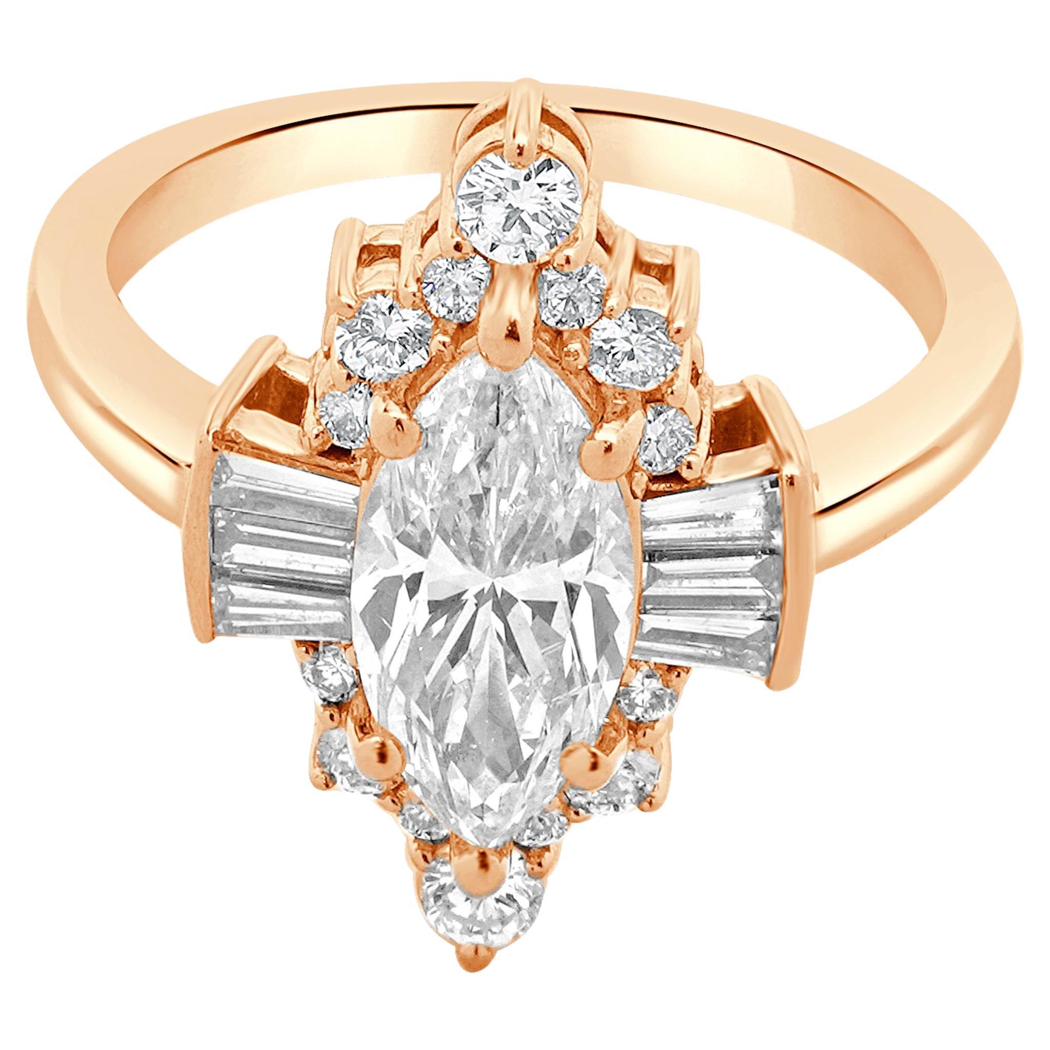 Verlobungsring aus 14 Karat Roségold mit Diamanten im Marquise-Schliff