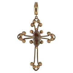 14 Karat Rose Gold, Marquise Cut Rustic Diamond Cross Pendant Enhancer