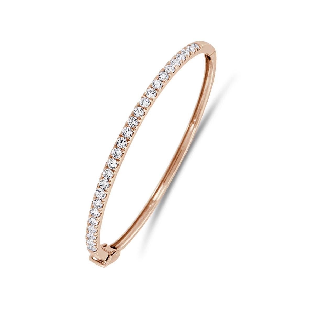 Round Cut 14 Karat Rose Gold Micro-Prong Diamond Bangle '2 Carat' For Sale