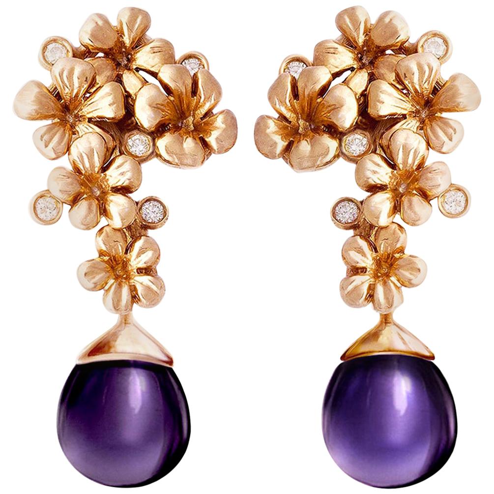 Pendientes de Clip de Cóctel Flor Moderna de Oro Rosa con Diamantes