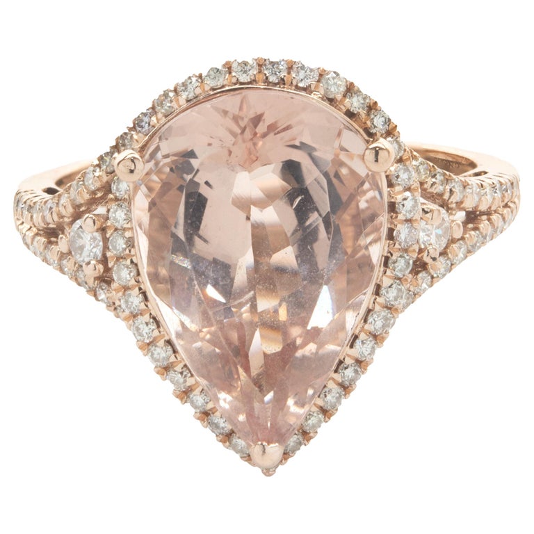 14 Karat Rose Gold Morganite and Diamond Pear Ring For Sale at 1stDibs