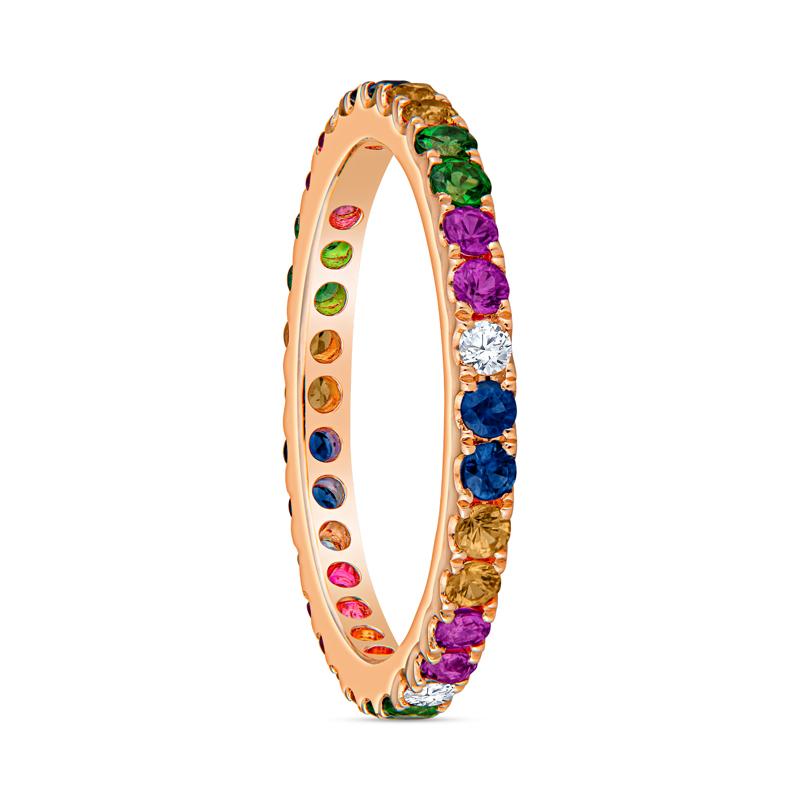 This unique band features multicored sapphires, tsavorite garnet, and diamonds set in 14 karat rose gold. It can be worn alone or stacked with your other favorite bands. This ring is a size 6.5. Please contact us regarding alternate sizing.