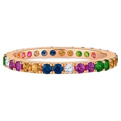 Anneau d'éternité en or rose 14 carats avec saphirs multicolores, tsavorites et diamants