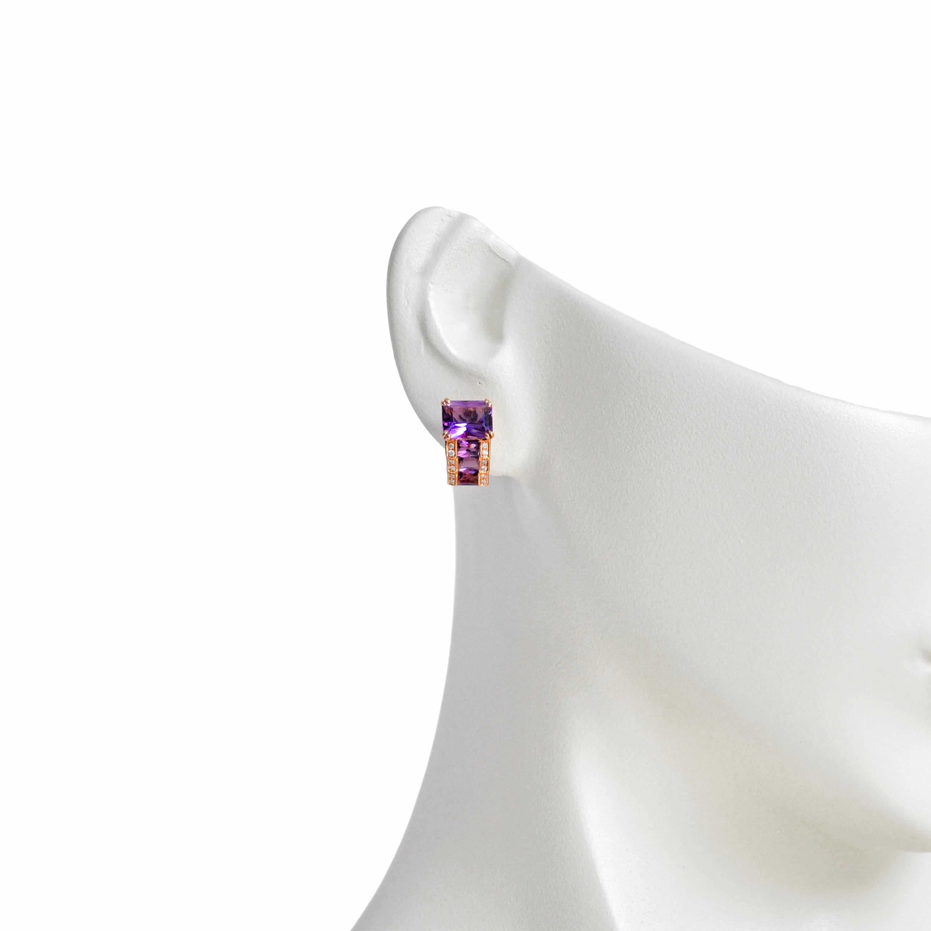 14 Karat Rose Gold Octagon Amethyst Step Design Stud Earrings For Sale 5