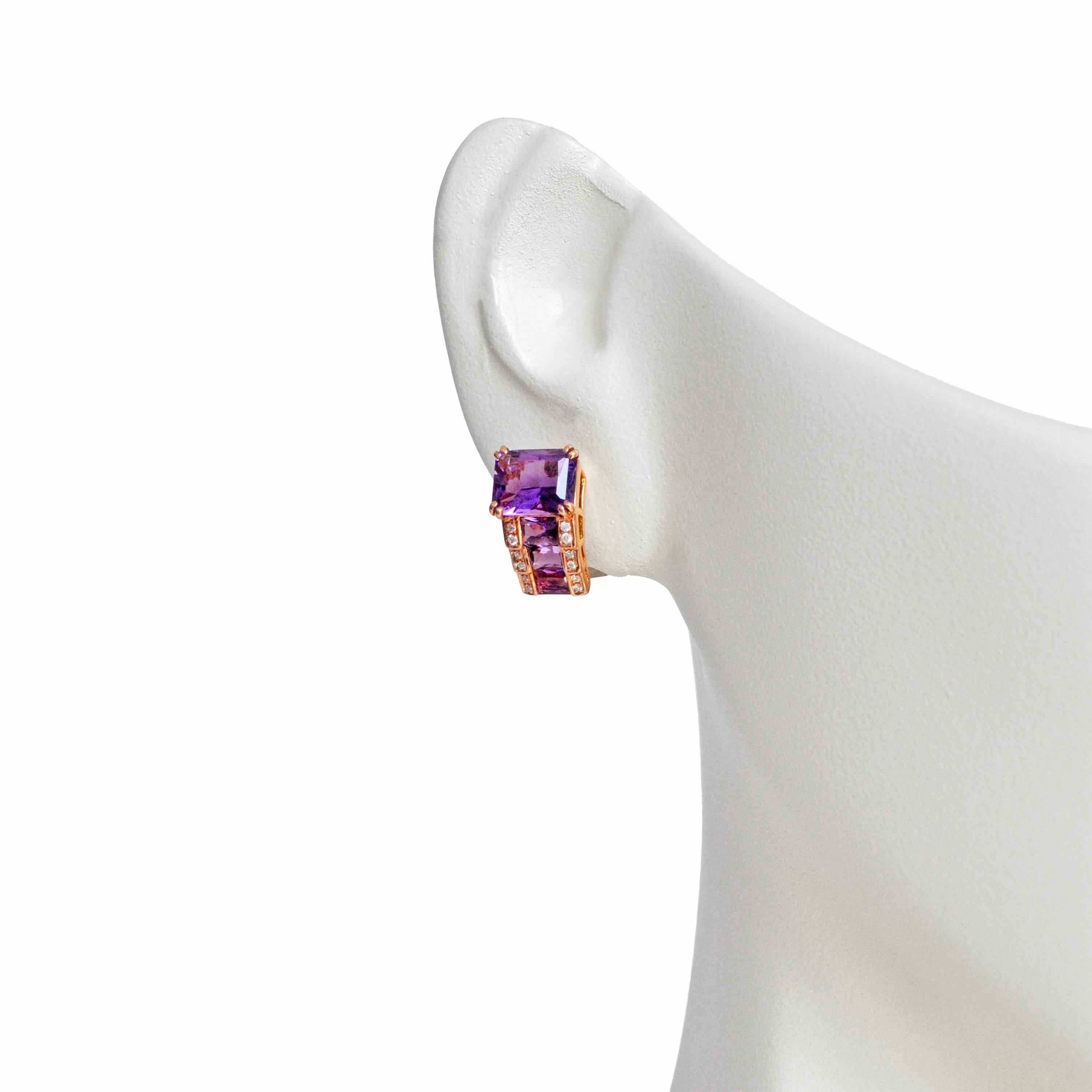 Contemporary 14 Karat Rose Gold Octagon Amethyst Step Design Stud Earrings For Sale