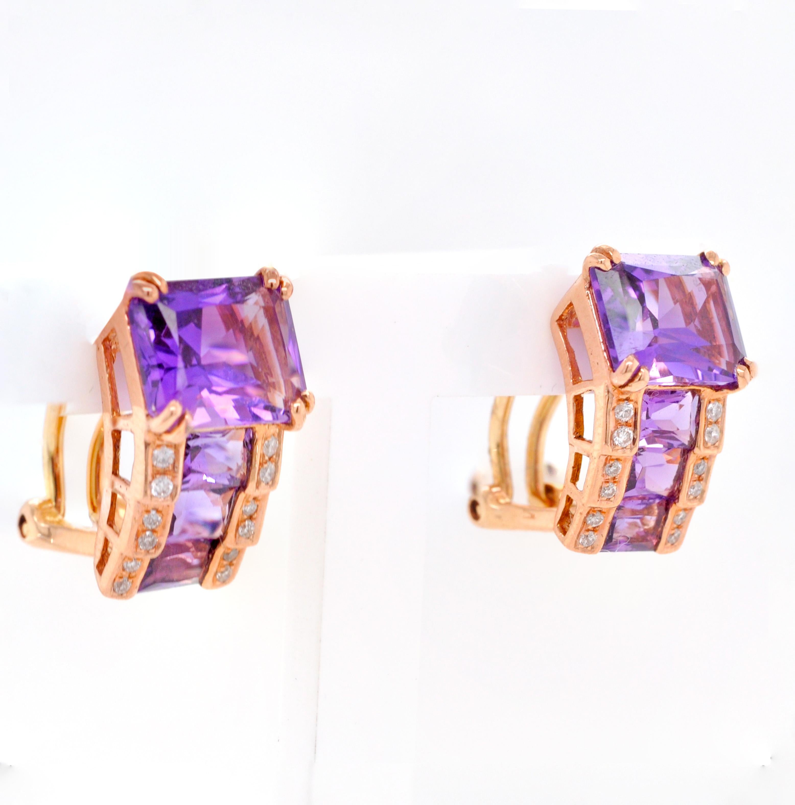 14 Karat Rose Gold Octagon Amethyst Step Design Stud Earrings In New Condition For Sale In Jaipur, Rajasthan
