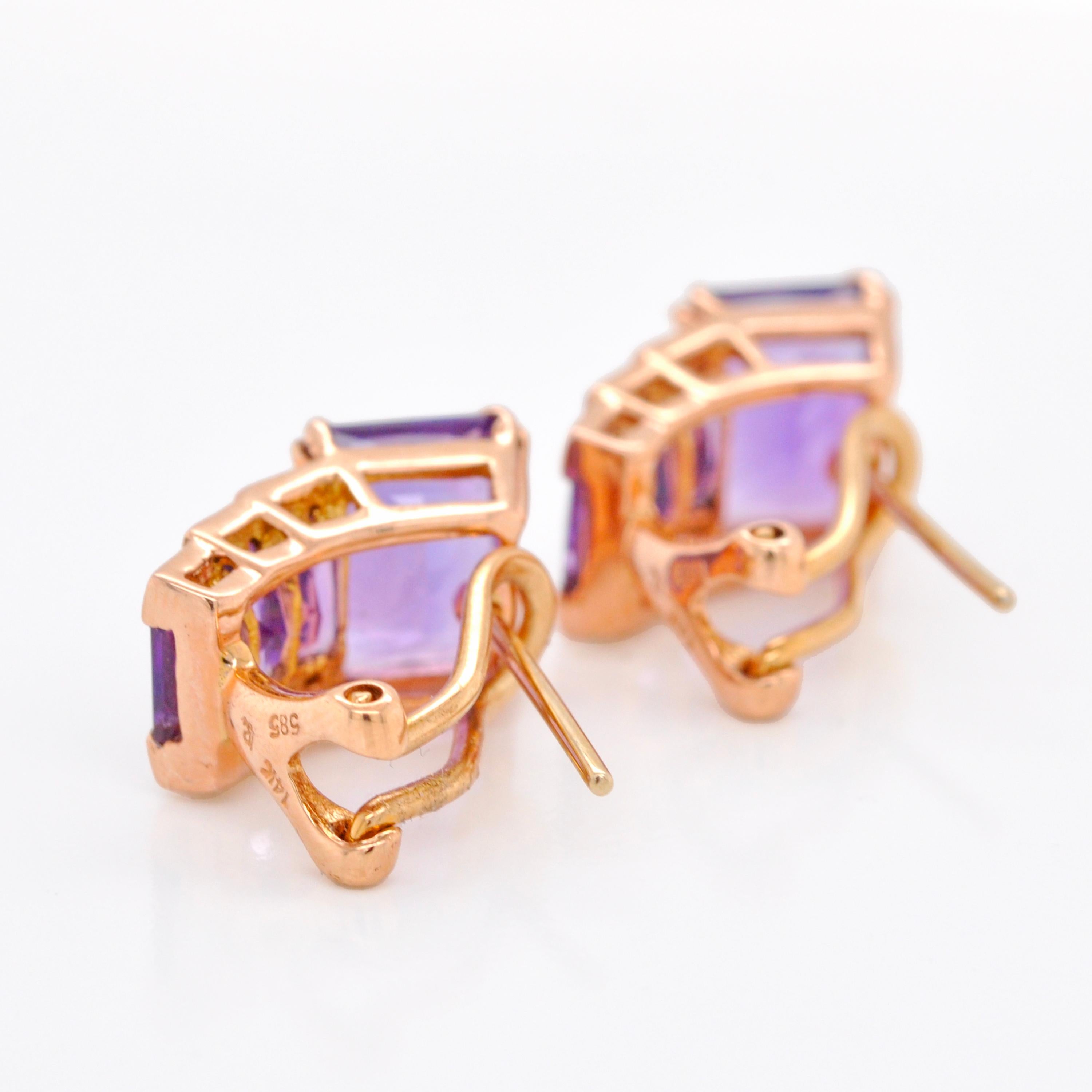 Women's 14 Karat Rose Gold Octagon Amethyst Step Design Stud Earrings For Sale