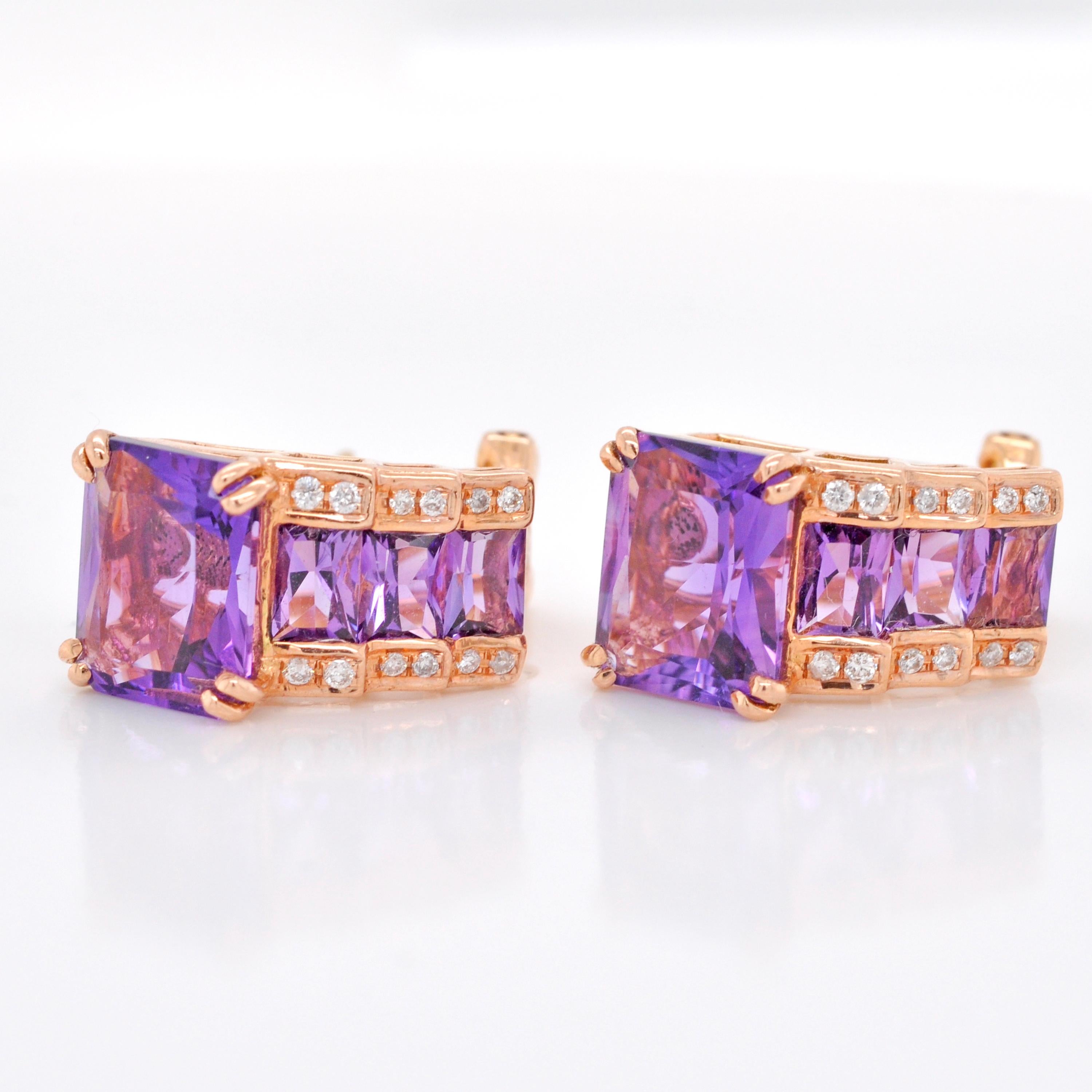 14 Karat Rose Gold Octagon Amethyst Step Design Stud Earrings For Sale 1