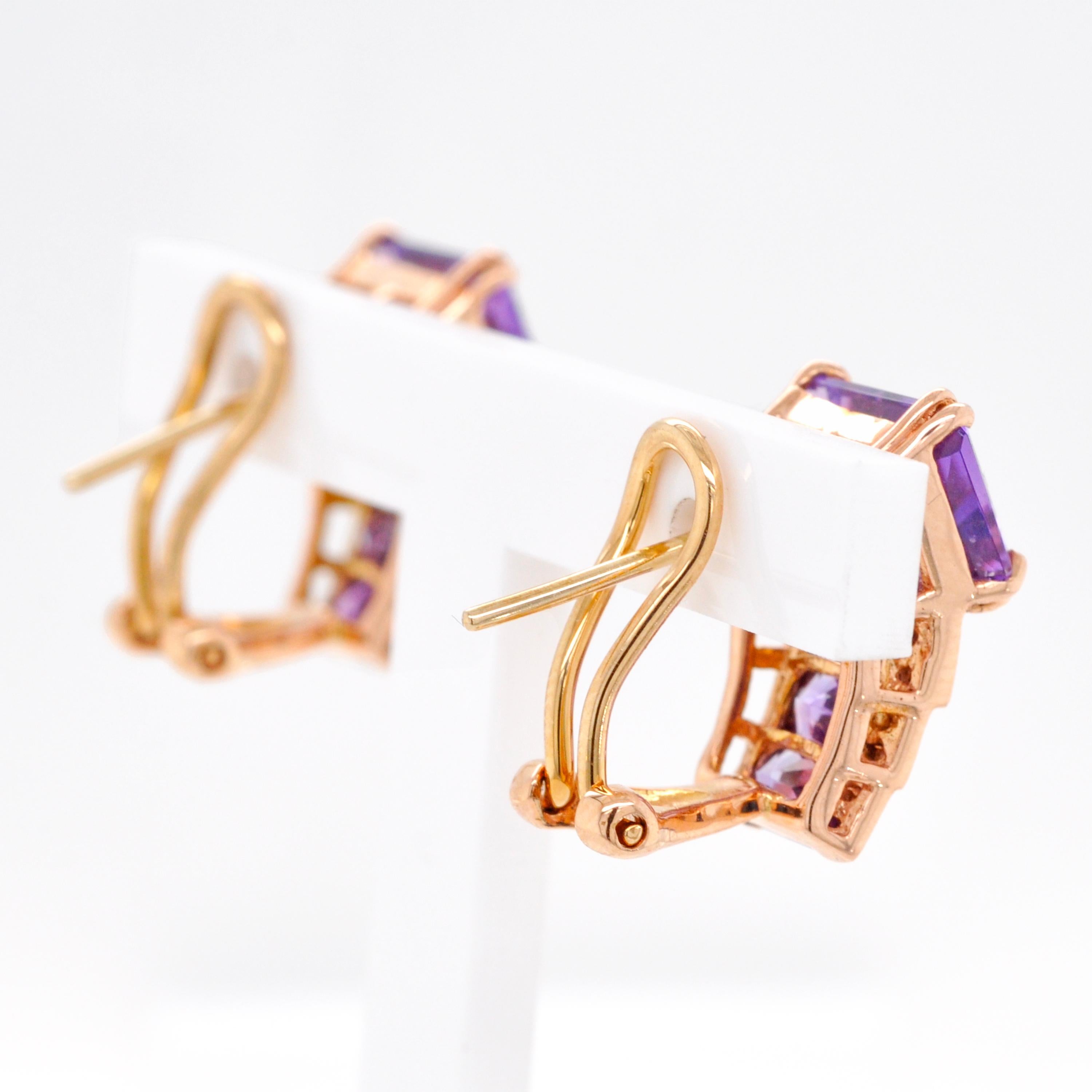 14 Karat Rose Gold Octagon Amethyst Step Design Stud Earrings For Sale 3