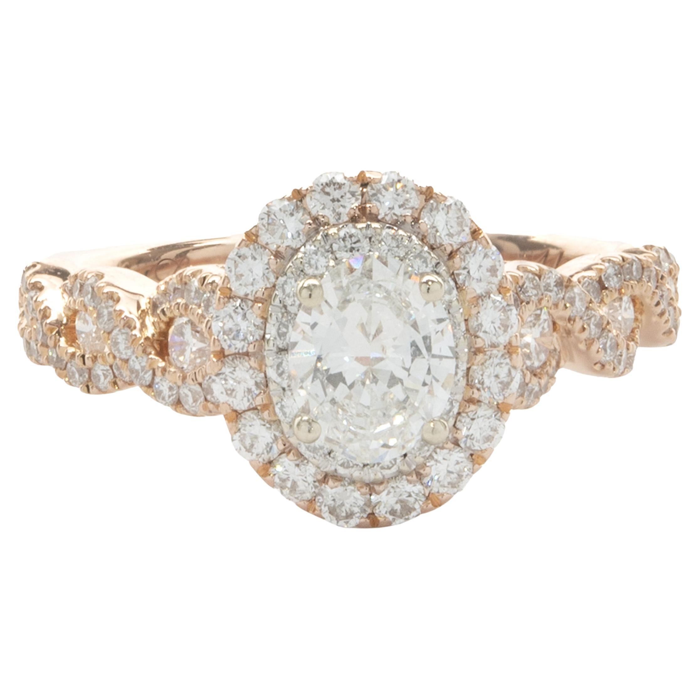 14 Karat Rose Gold Oval Diamond Engagement Ring For Sale