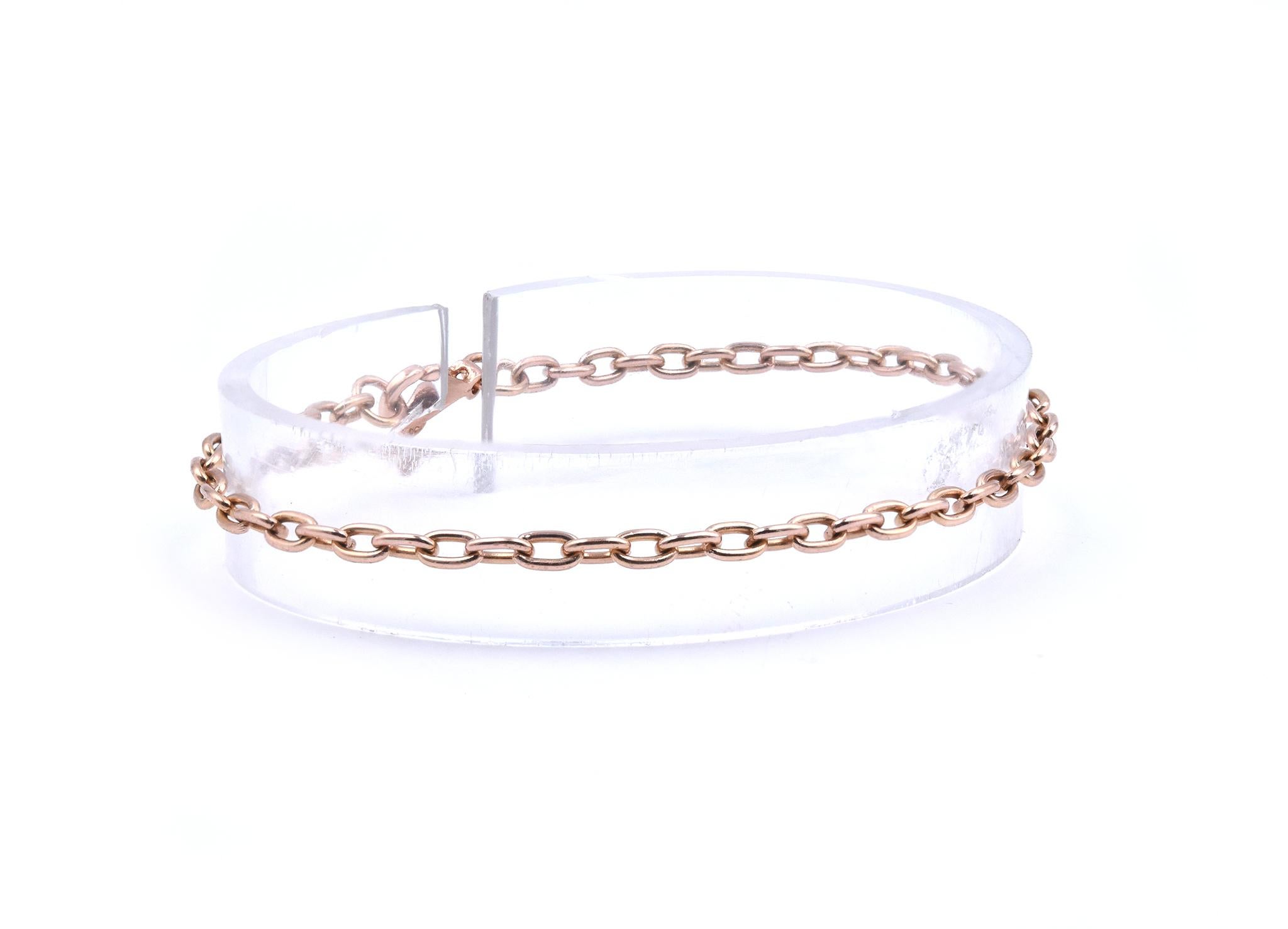 Designer: custom
Material: 14k rose gold
Dimensions: the bracelet will fit up to a 7-inch wrist
Weight: 3.82 grams
