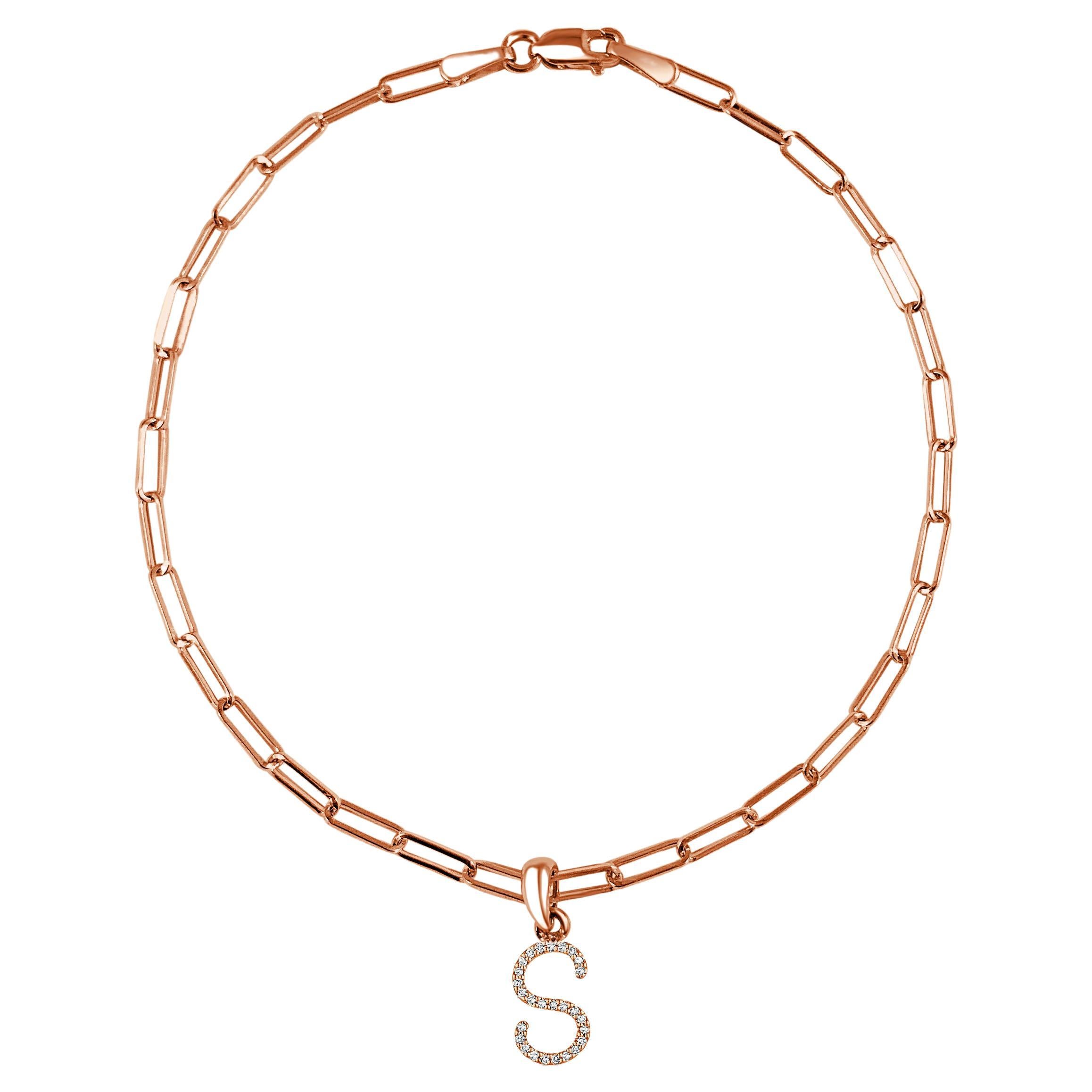 Bracelet à maillons en forme de clip en or rose 14 carats avec diamants et initiale « S »