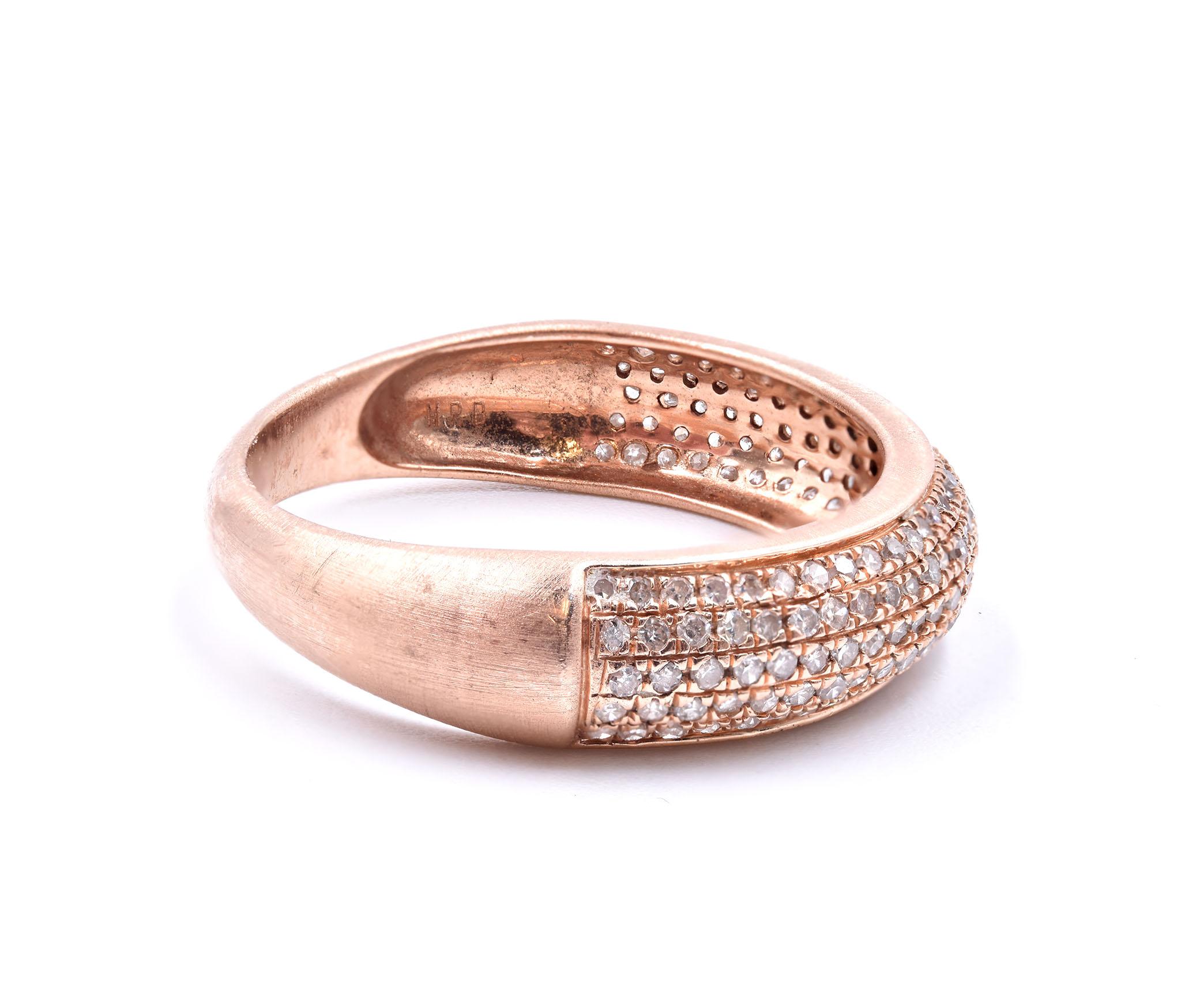 Designer: Custom
Material: 14K rose gold
Diamonds: 160 round cut = .40cttw 
Color: H
Clarity: SI1-2
Size: 6.5
Dimensions: ring measures 5.34mm in width
Weight: 2.8 grams
