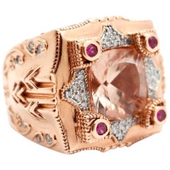 14 Karat Rose Gold, Pink Morganite, Ruby and Diamond Ring 14 Karat Rose Gold, Pink Morganite, Ruby and Diamond Ring