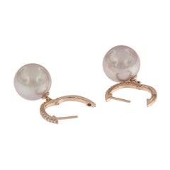 14 Karat Rose Gold Pink Pearl Diamond Drop Earrings