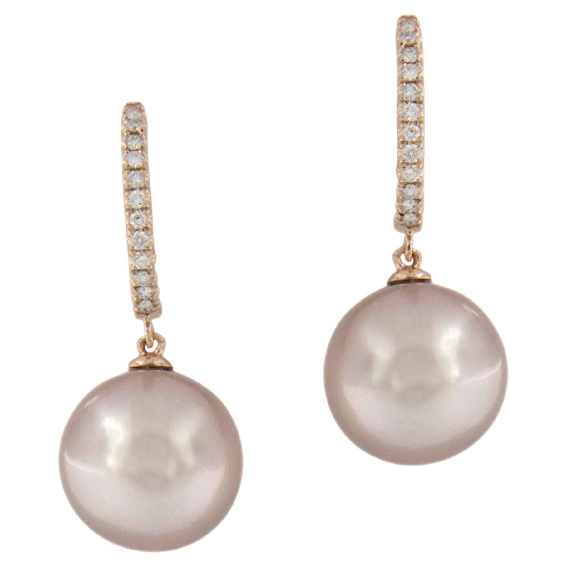 14 Karat Rose Gold Pink Pearl Diamond Drop Earrings