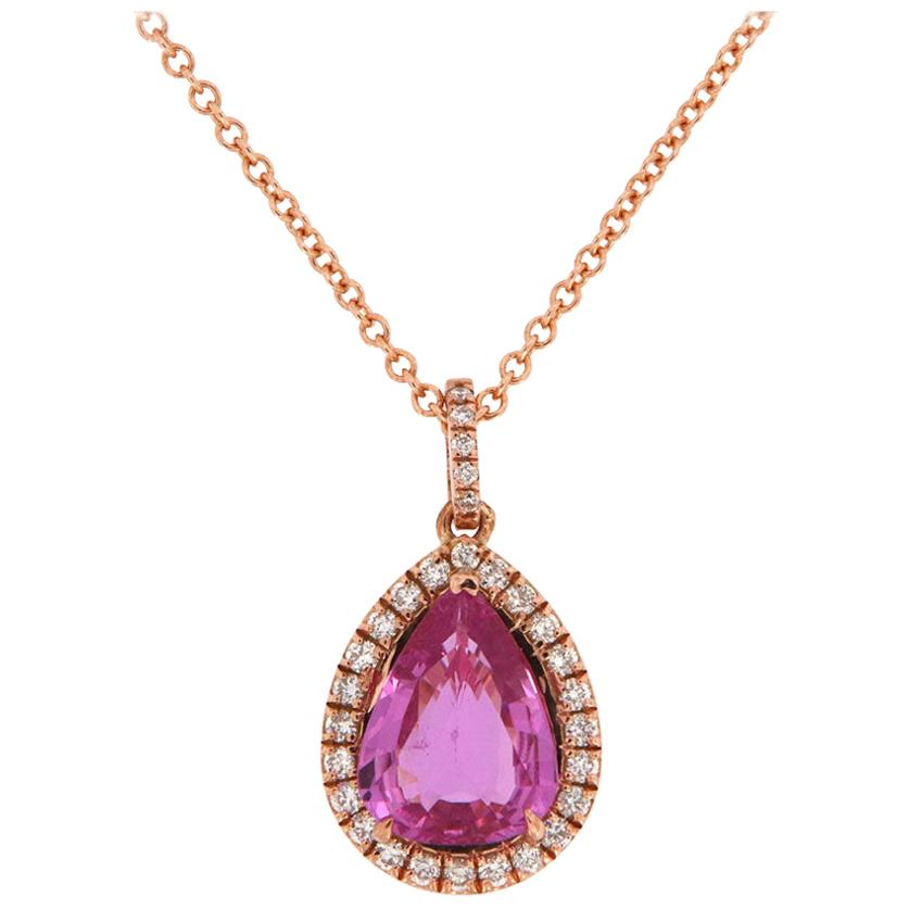 14 Karat Rose Gold Pink Sapphire and Diamonds Halo Pendant '2 1/3 Carat' For Sale