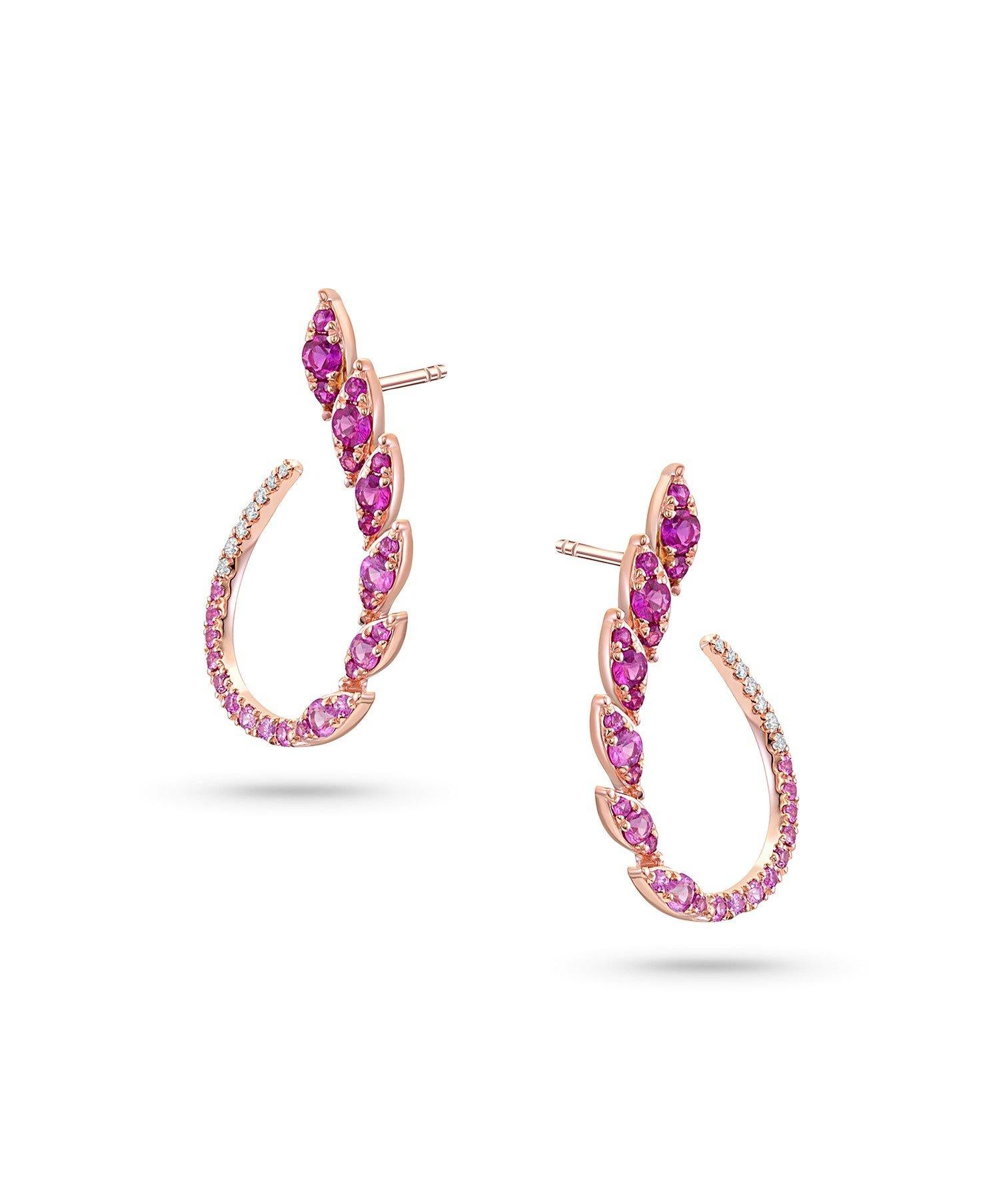 14kt Rose Gold Pink Sapphire Earrings With 1.19ct sapphires, 0.08ct diamonds, H-I Color, I1 Clarity.