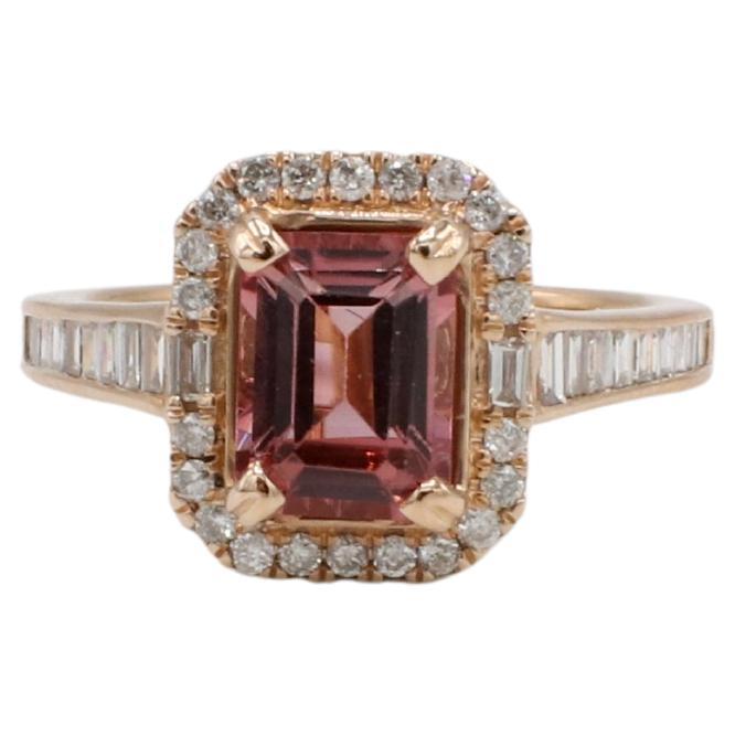 14 Karat Rose Gold Pink Tourmaline 
Natural Diamond Halo Cocktail Ring