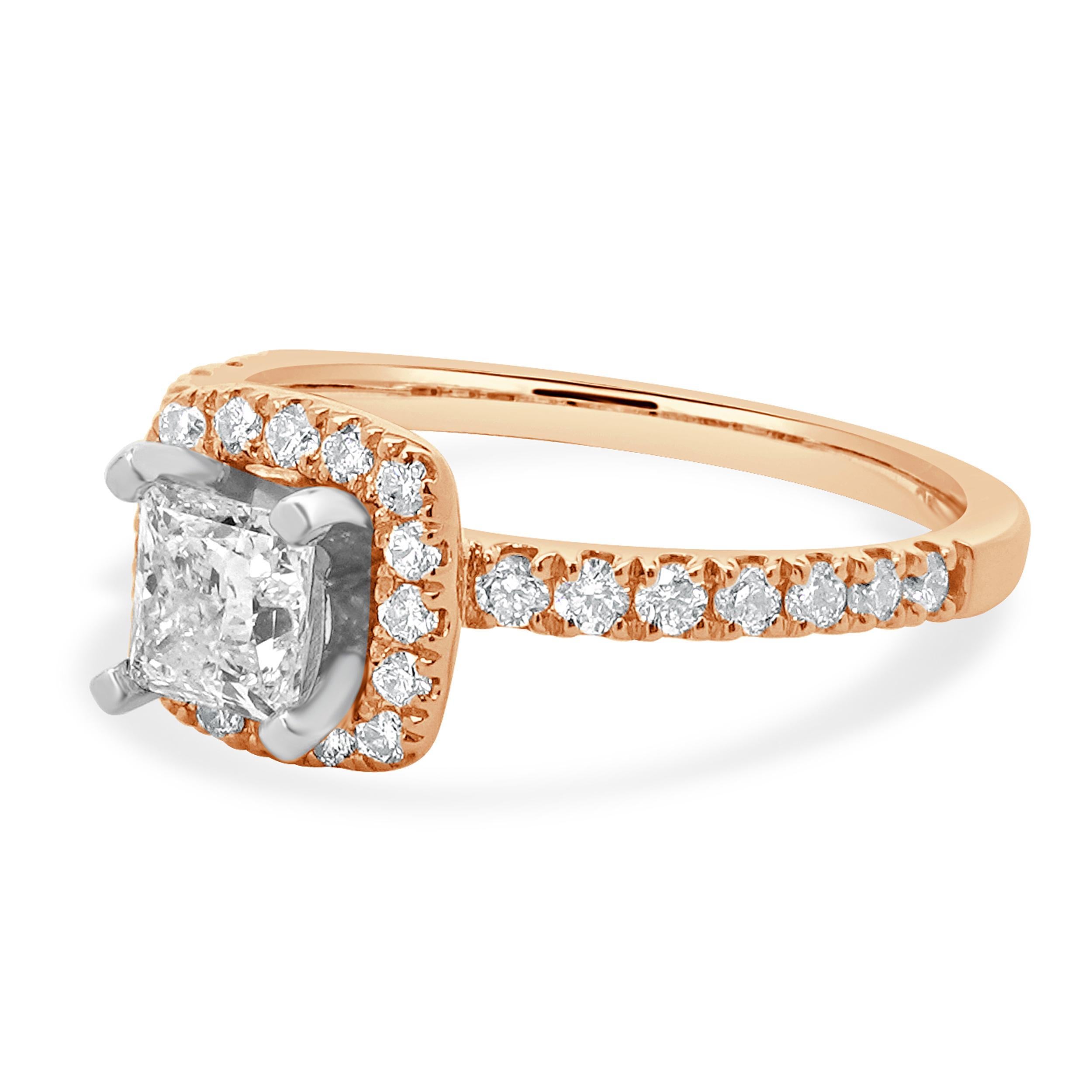 Material: 14K rose gold
Center Diamond: 1 princess cut = 0.77ct
Color: F
Clarity: I1
GIA: 1275308212
Diamond: 30 round brilliant cut = 0.52cttw
Color: G
Clarity: I1
Ring Size: 6.75 (please allow up to 2 additional business days for sizing