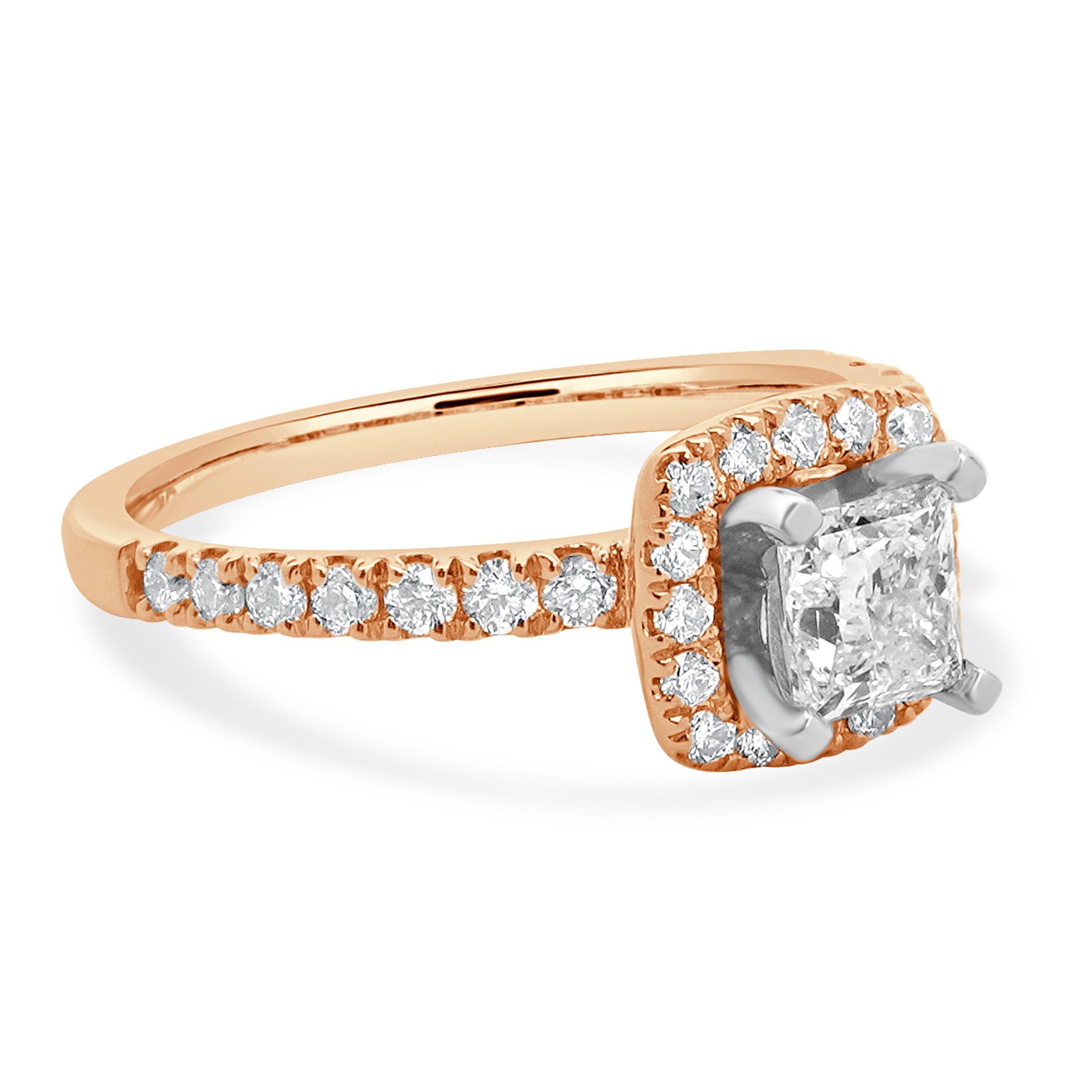 Women's 14 Karat Rose Gold Princess Cut Diamond Engagement Ring For Sale