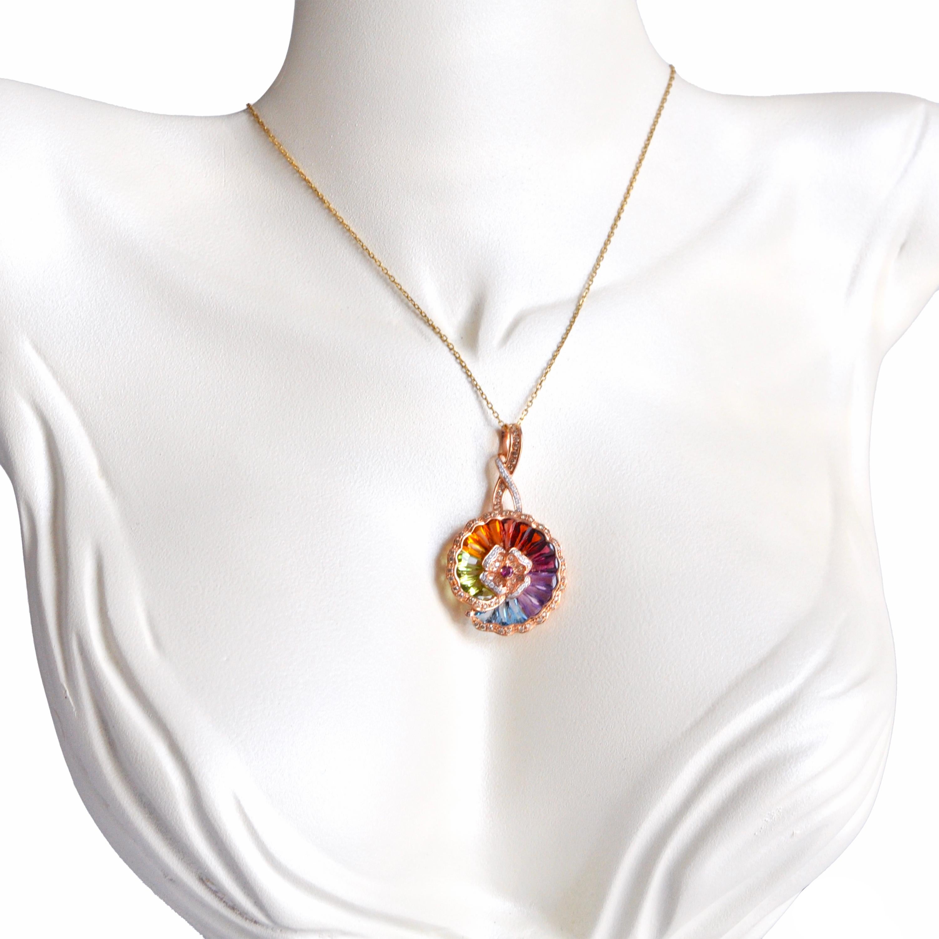 14 karat rose gold rainbow multicolour circular drop pendant necklace

This rainbow gemstones round pendant is a kaleidoscope of color and brilliance that captures the essence of beauty. Crafted in enchanting rose gold, this pendant features a