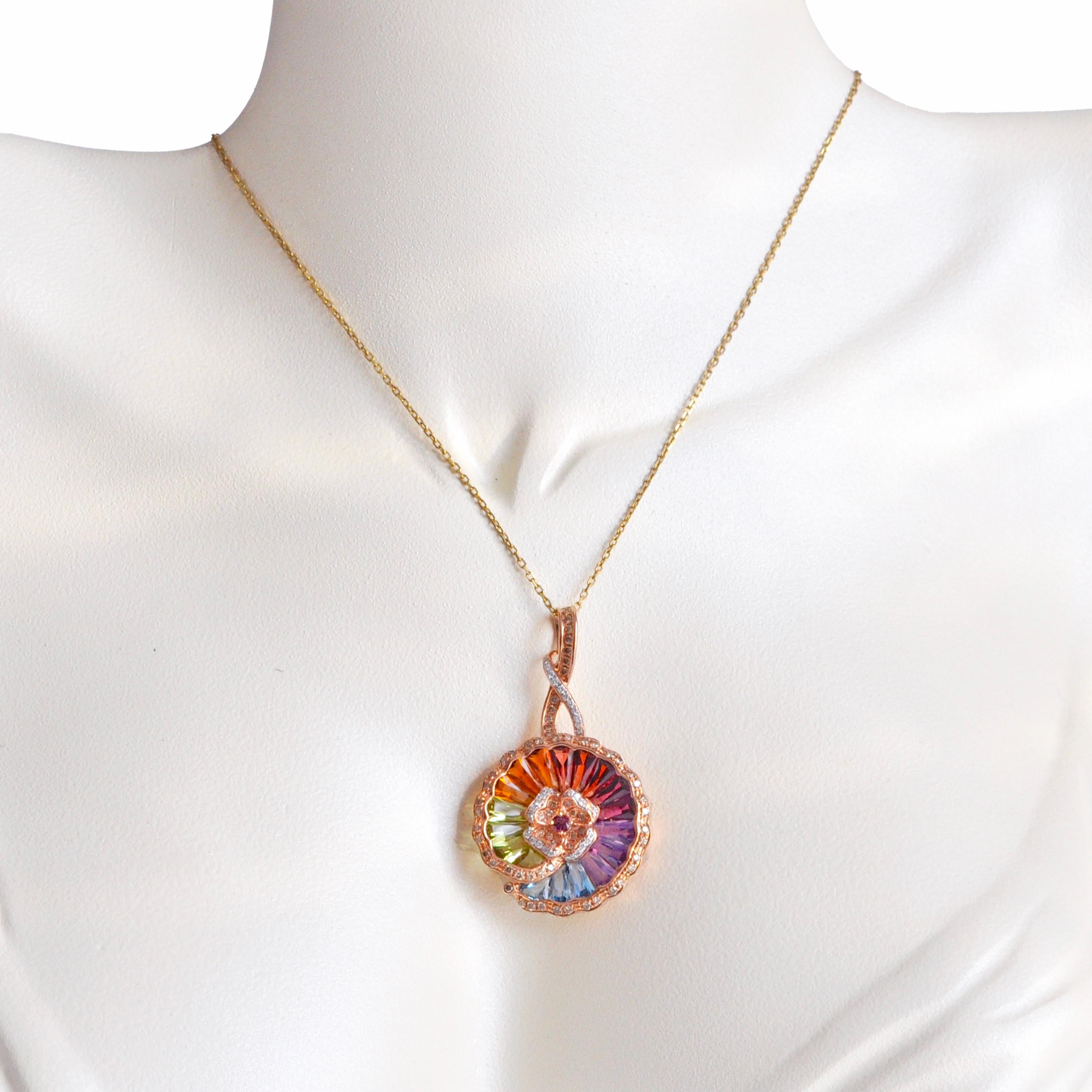 Contemporary 14 Karat Rose Gold Rainbow Multicolour Circular Drop Pendant Necklace For Sale