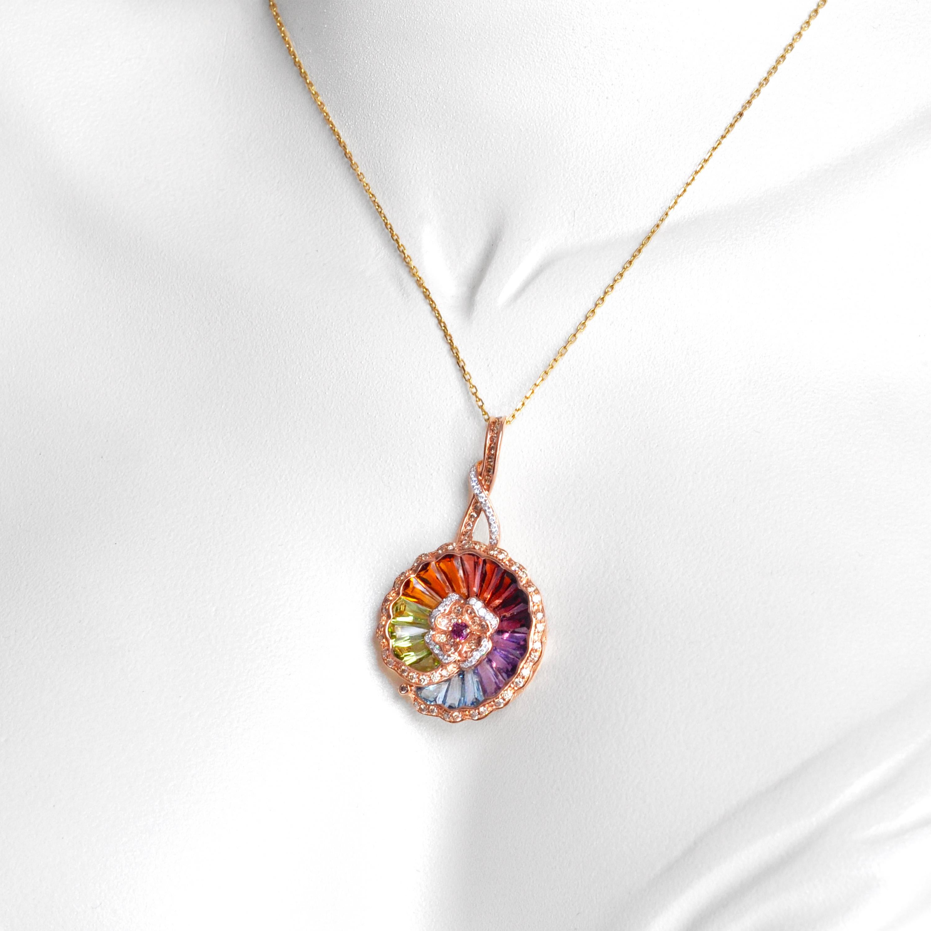 Tapered Baguette 14 Karat Rose Gold Rainbow Multicolour Circular Drop Pendant Necklace For Sale