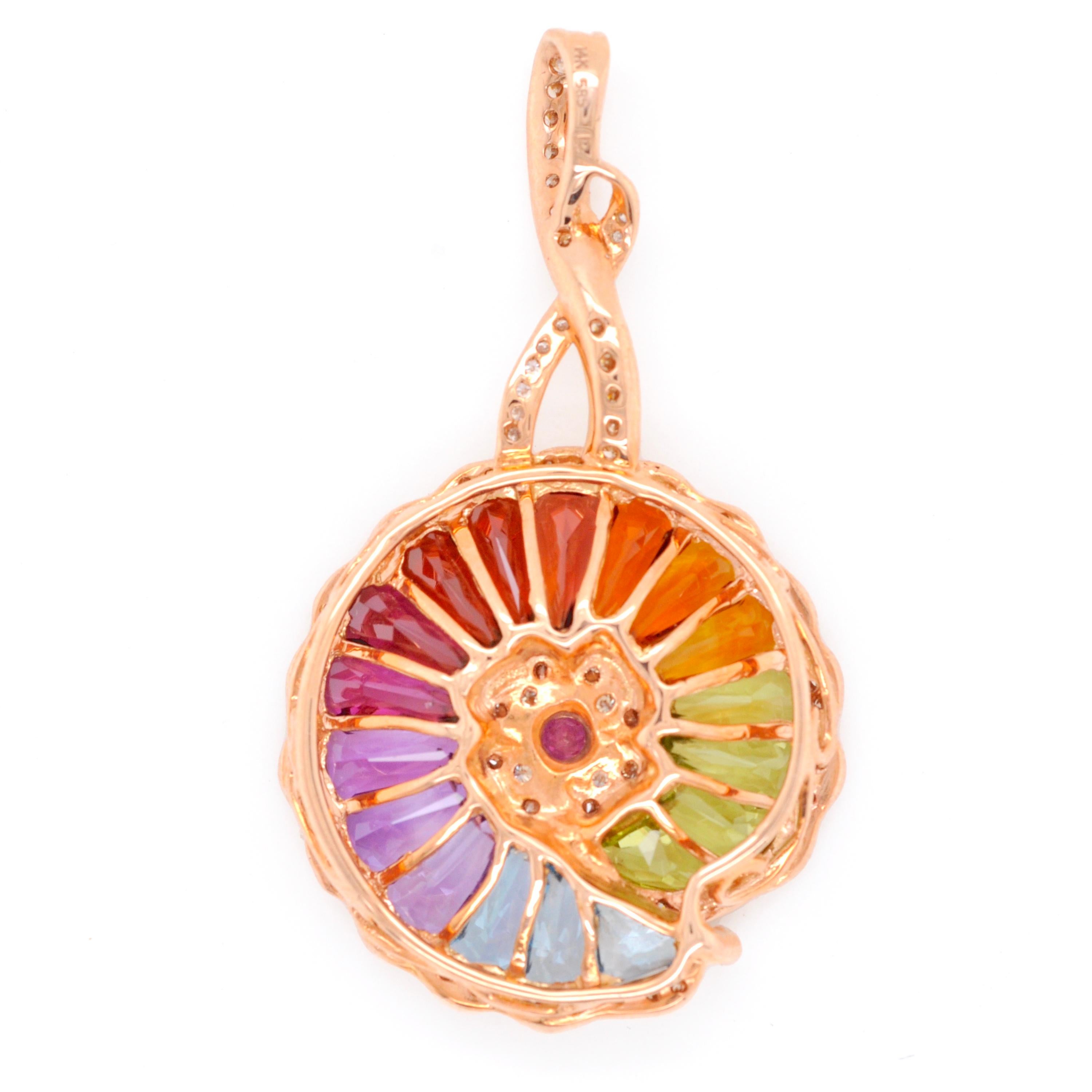 Women's 14 Karat Rose Gold Rainbow Multicolour Circular Drop Pendant Necklace For Sale