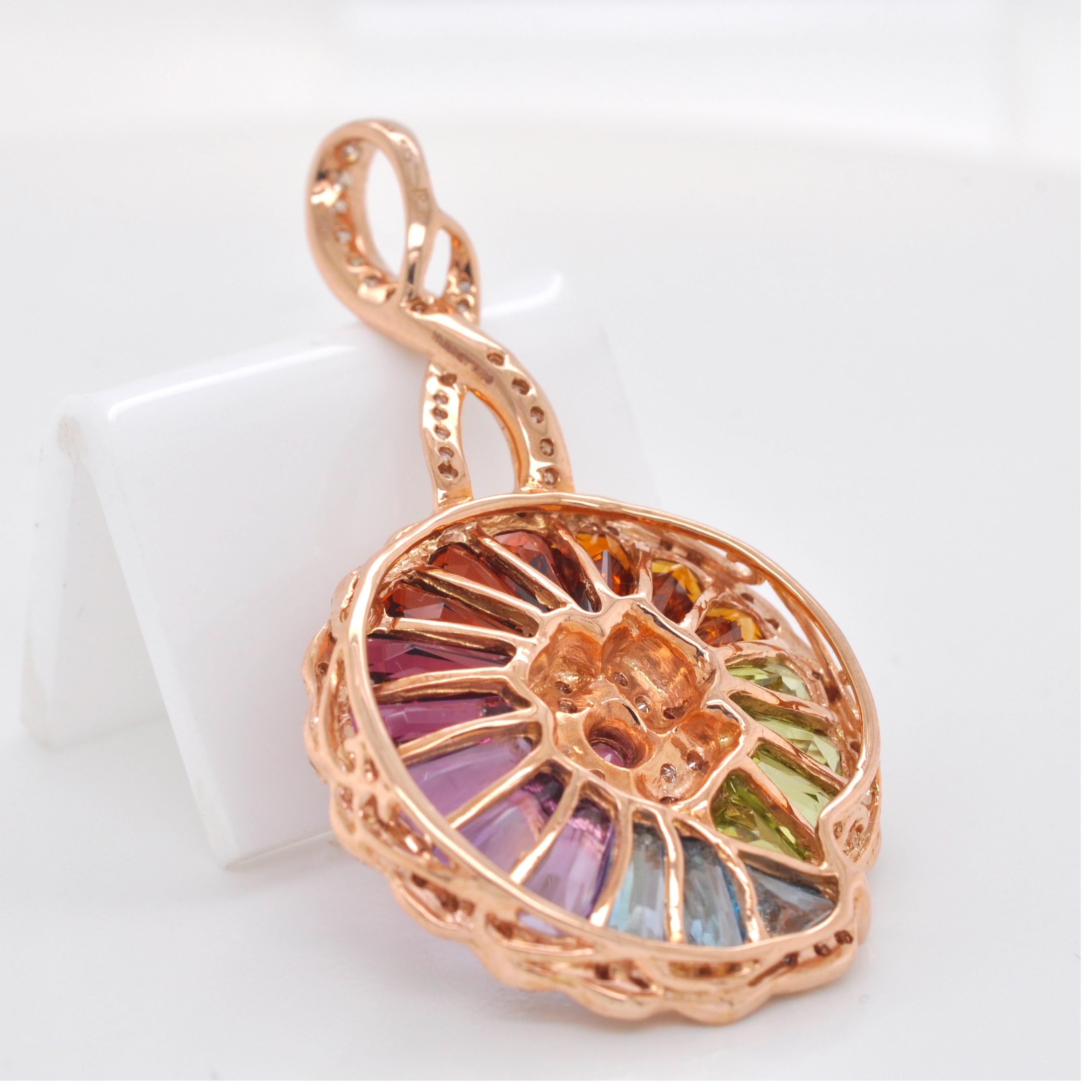 14 Karat Rose Gold Rainbow Multicolour Circular Drop Pendant Necklace For Sale 1