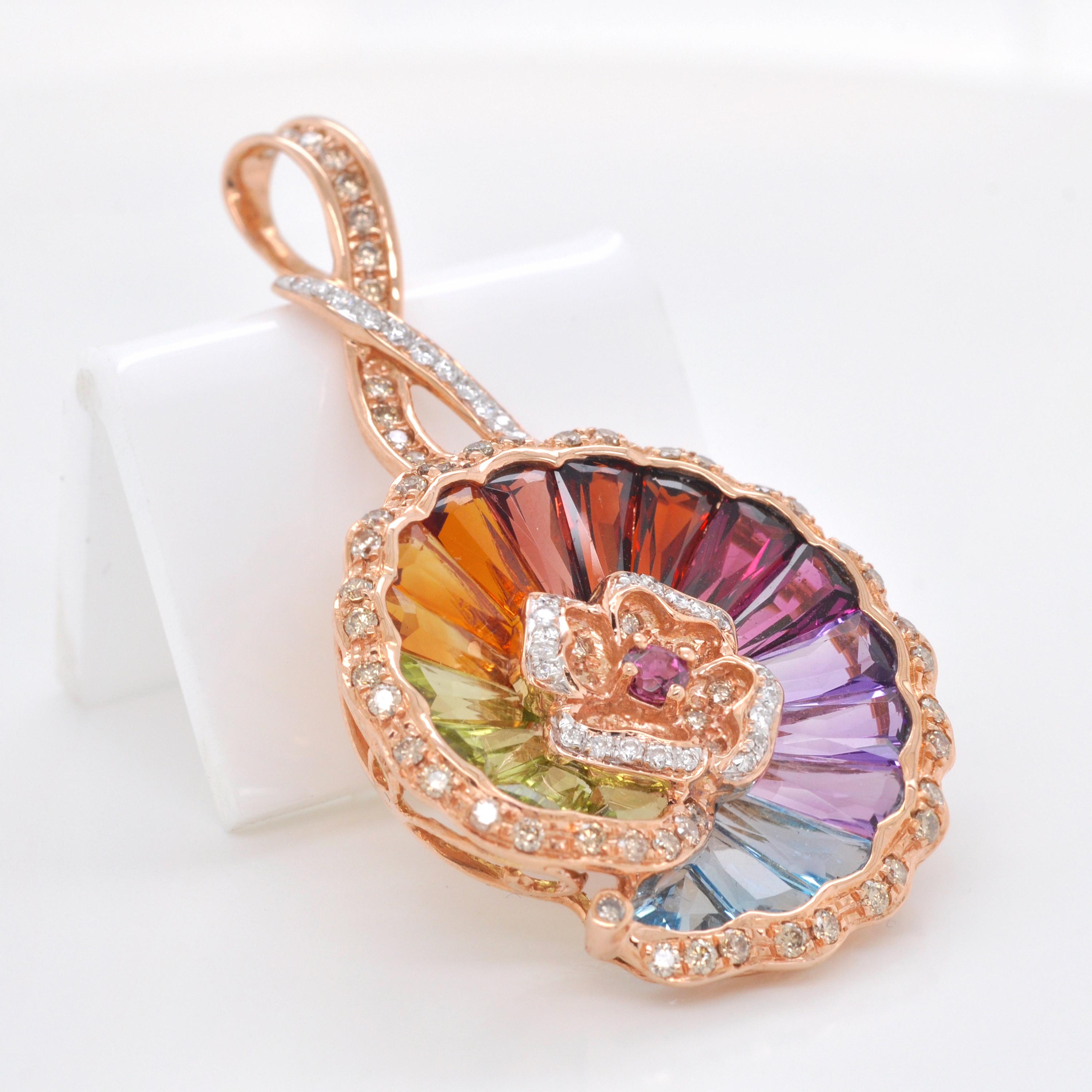14 Karat Rose Gold Rainbow Multicolour Circular Drop Pendant Necklace For Sale 2