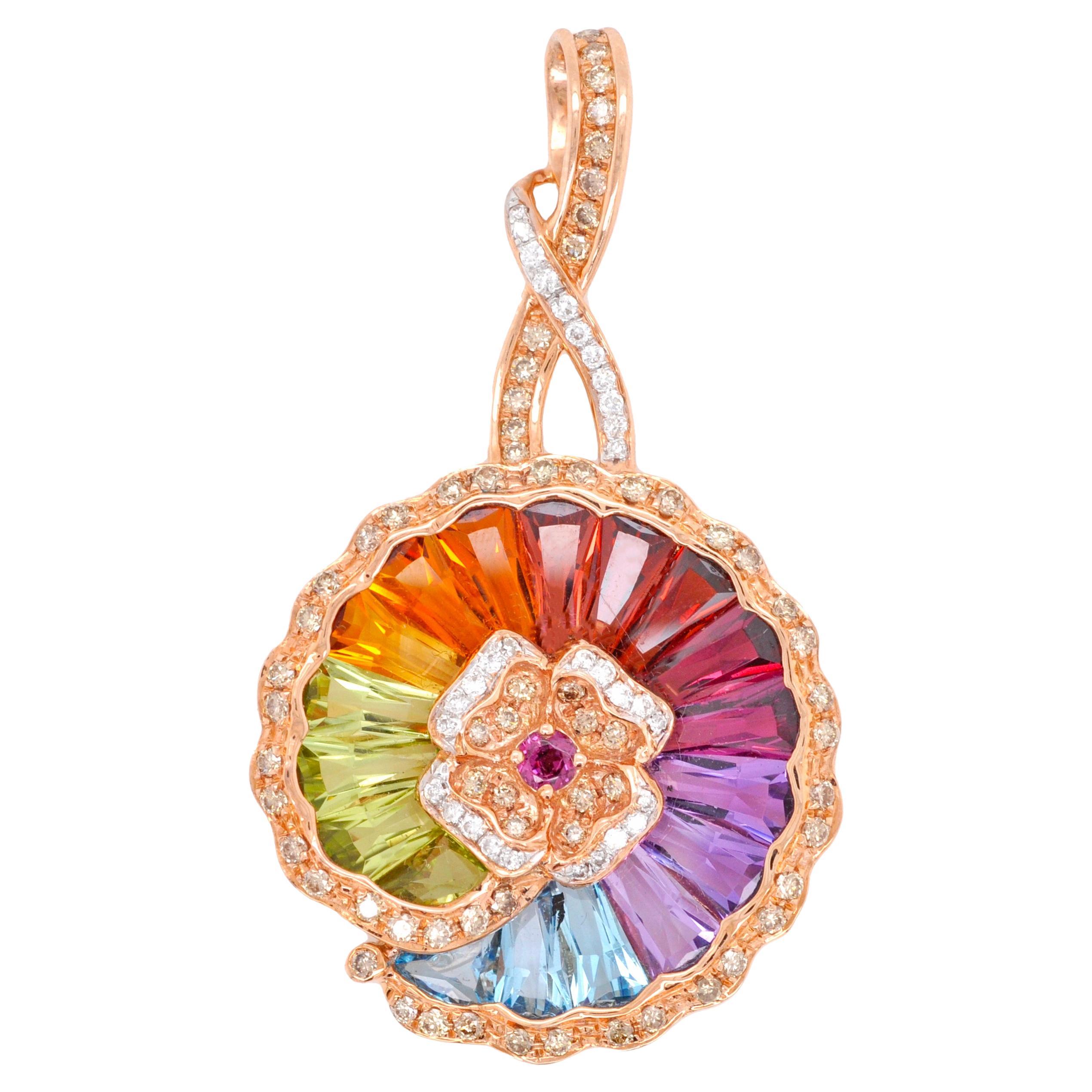 14 Karat Rose Gold Rainbow Multicolour Circular Drop Pendant Necklace