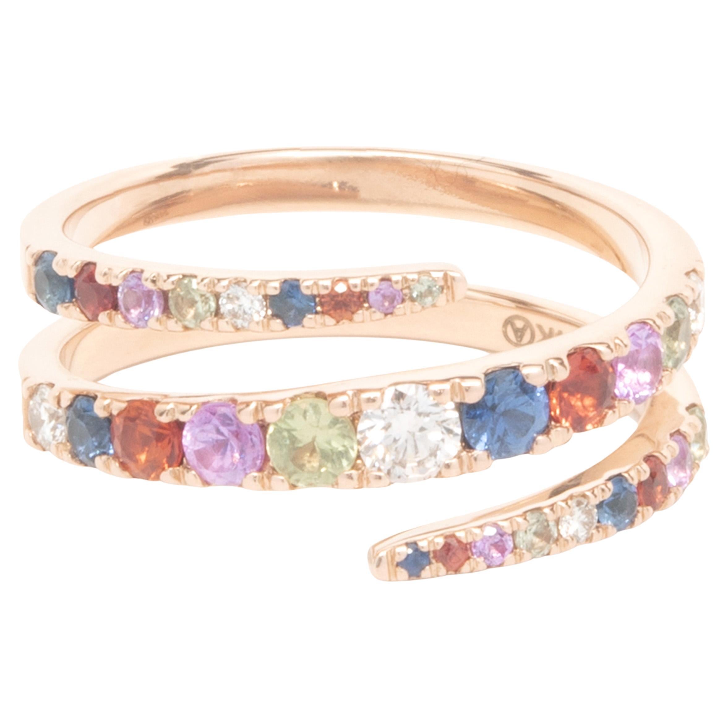14 Karat Rose Gold Rainbow Sapphire and Diamond Bypass Ring For Sale