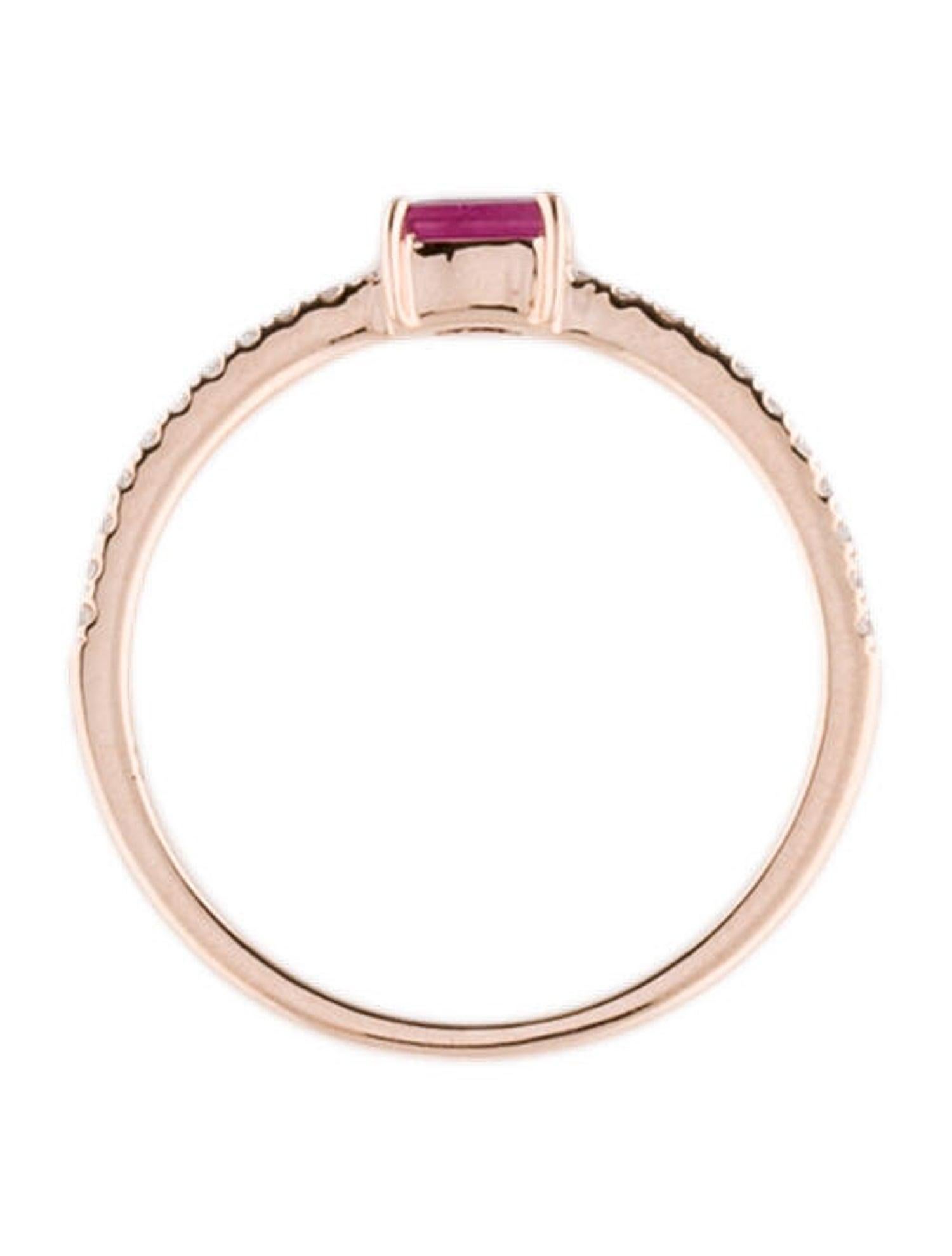 Charming and Elusive Design - This stackable ring features a 14k gold band, a baguette shaped gorgeous Ruby approximately 0.14cts, and round diamonds approximately 0.09 cts, 
Measurements for ring size: The finger Size of the ring is 6.5 and your