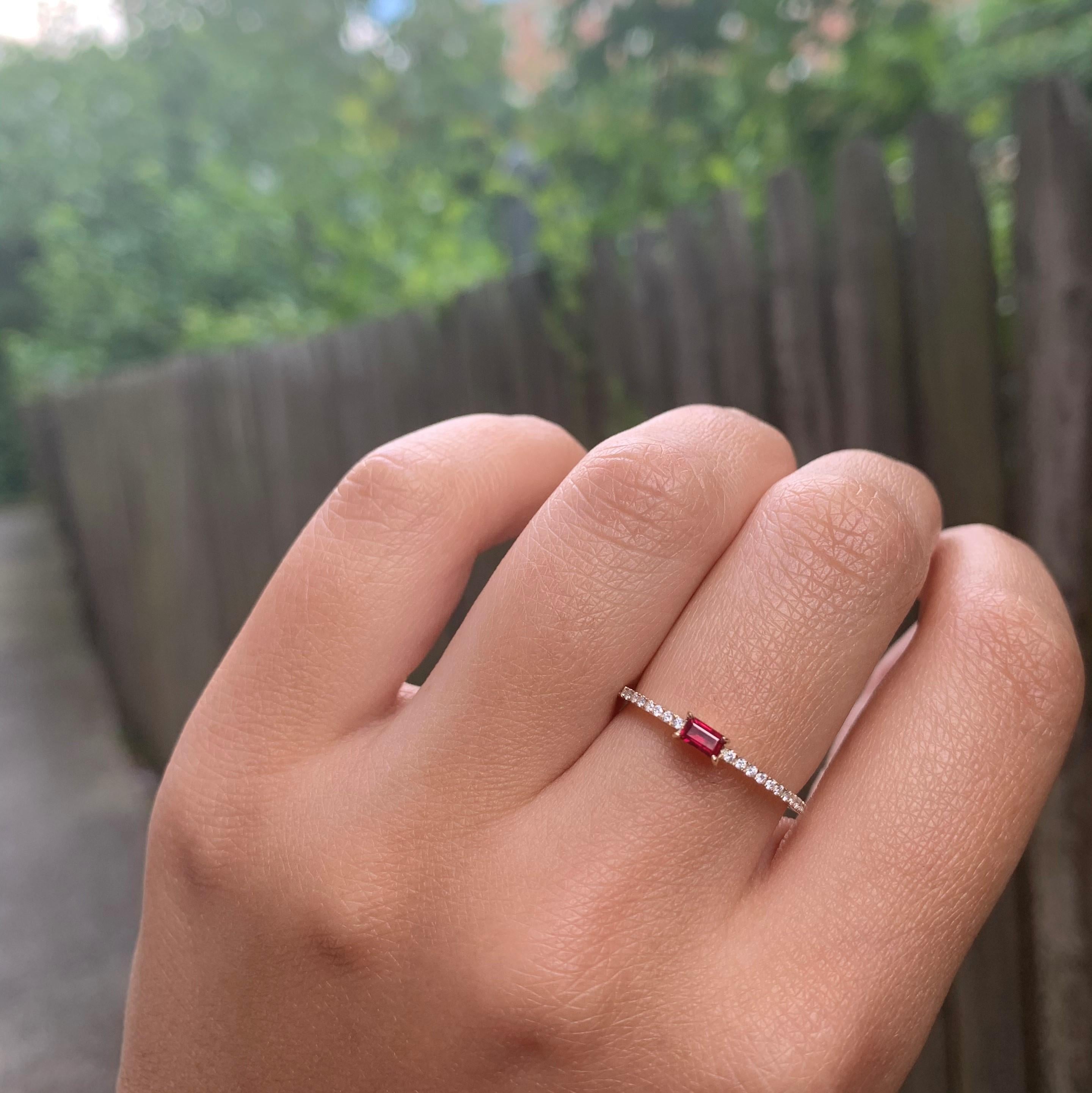 Women's 14 Karat Rose Gold Red Ruby Stackable Ring For Sale