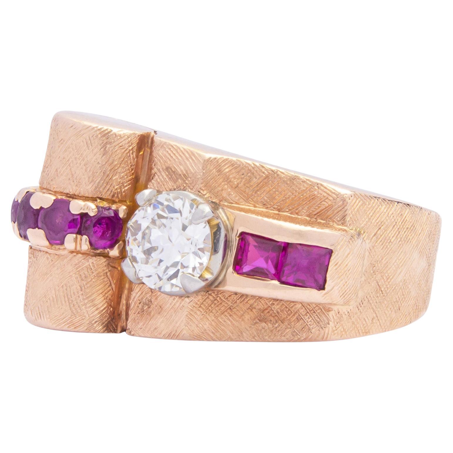 14 Karat Rose Gold, Retro Period, Ruby and Diamond Ring